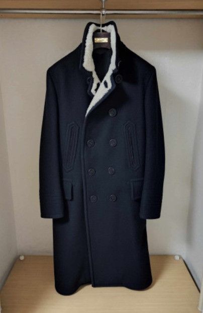 o1sm1stk0124 Leather Trim Double Pea Coat in Black