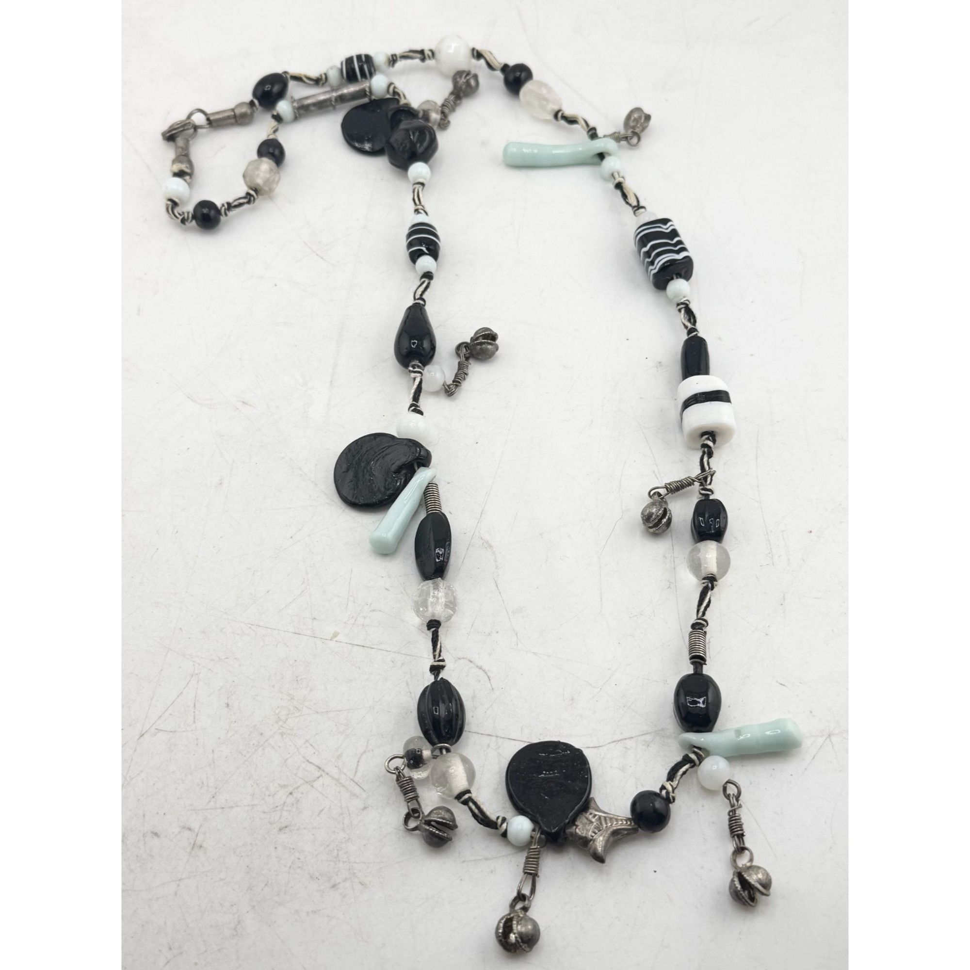 Vintage Vintage black white blue silver bell beaded glass charm neck Size ONE SIZE - 2 Thumbnail