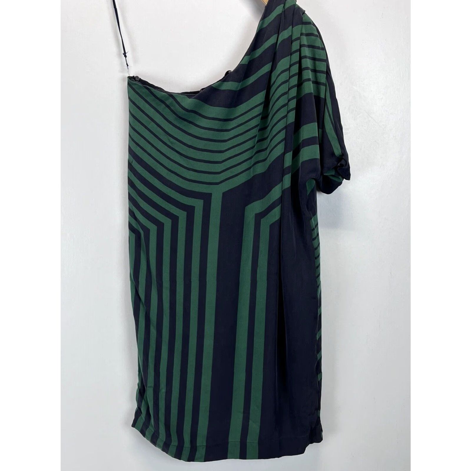 Stella McCartney Stella McCartney Dress Women US 2-4 Silk One-Shoulder Striped Green Navy Short 100% Silk Size 26" / US 2 / IT 38 - 2 Thumbnail