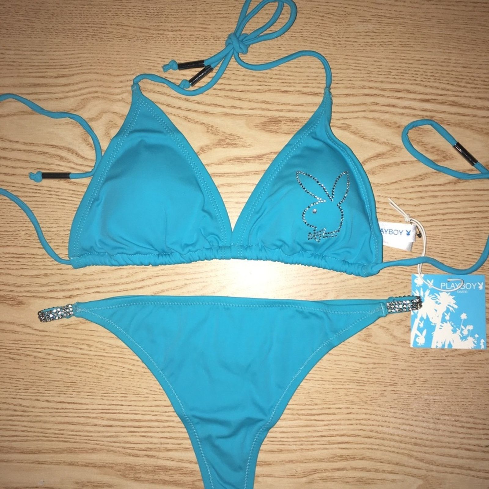 Playboy New 2pc Vintage Playboy Thong Bikini Swimsuit Diamonds Large Size ONE SIZE - 3 Thumbnail