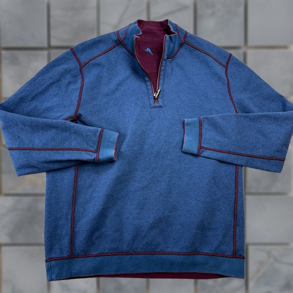 Tommy Bahama Tommy Bahama Sweater Mens Large 1/4 Zip Reversible Mock Neck Blue Knit Pullover Sweatshirt Cardigan Style Shirt Size US L / EU 52-54 / 3 - 1 Thumbnail
