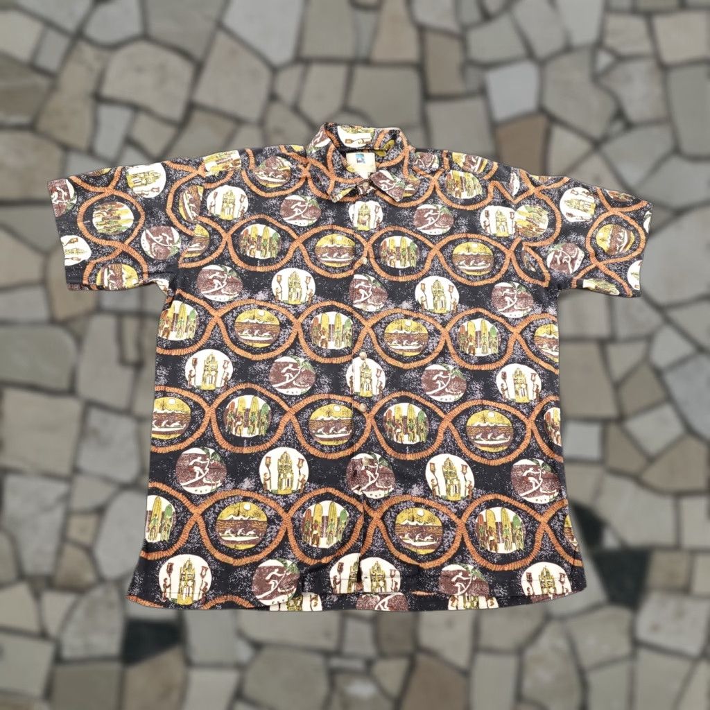 VINTAGE Kahala Shirt Mens Medium Black Brown Hawaiian Tribal Island Camp Aloha Button Up