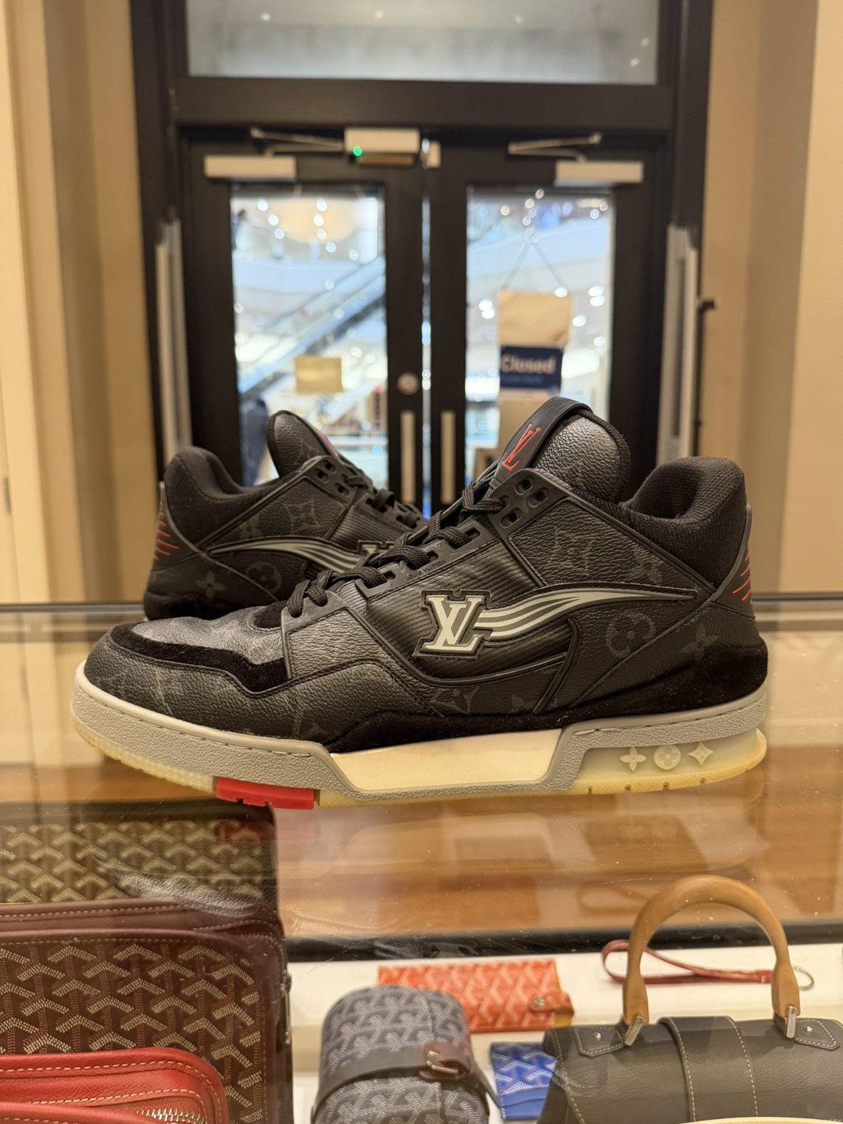 Louis Vuitton Louis Vuitton Monogram Leather Trainer Sneaker - Black/Red Size US 10.5 / EU 43-44 - 2 Thumbnail