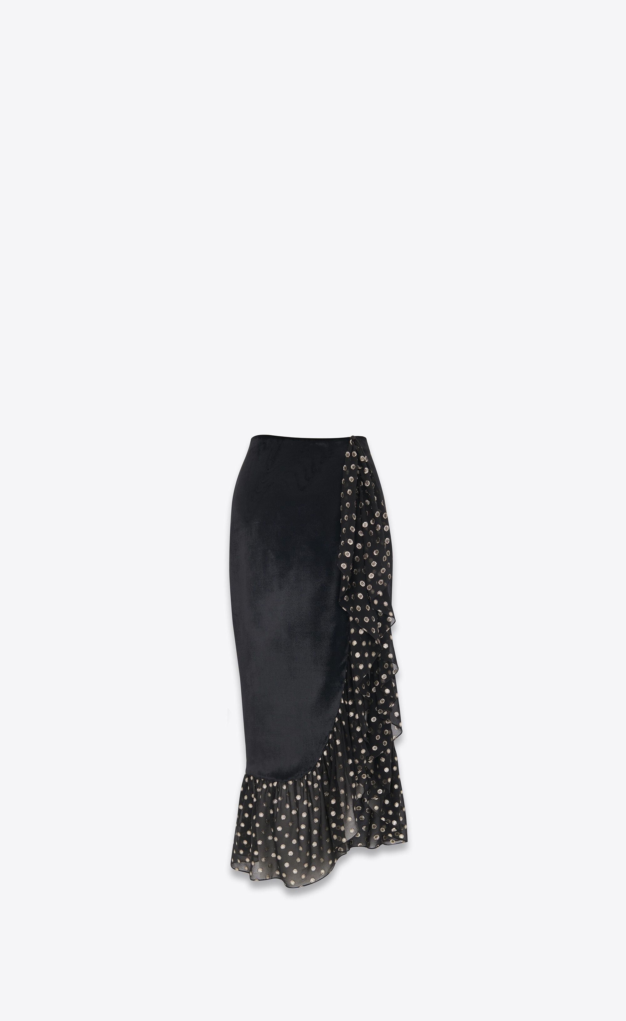 Saint Laurent Paris o1s1wg111124 Ruffled Midi Skirt in Velvet Silk Black & White Size 28" / US 6 / IT 42 - 1 Thumbnail