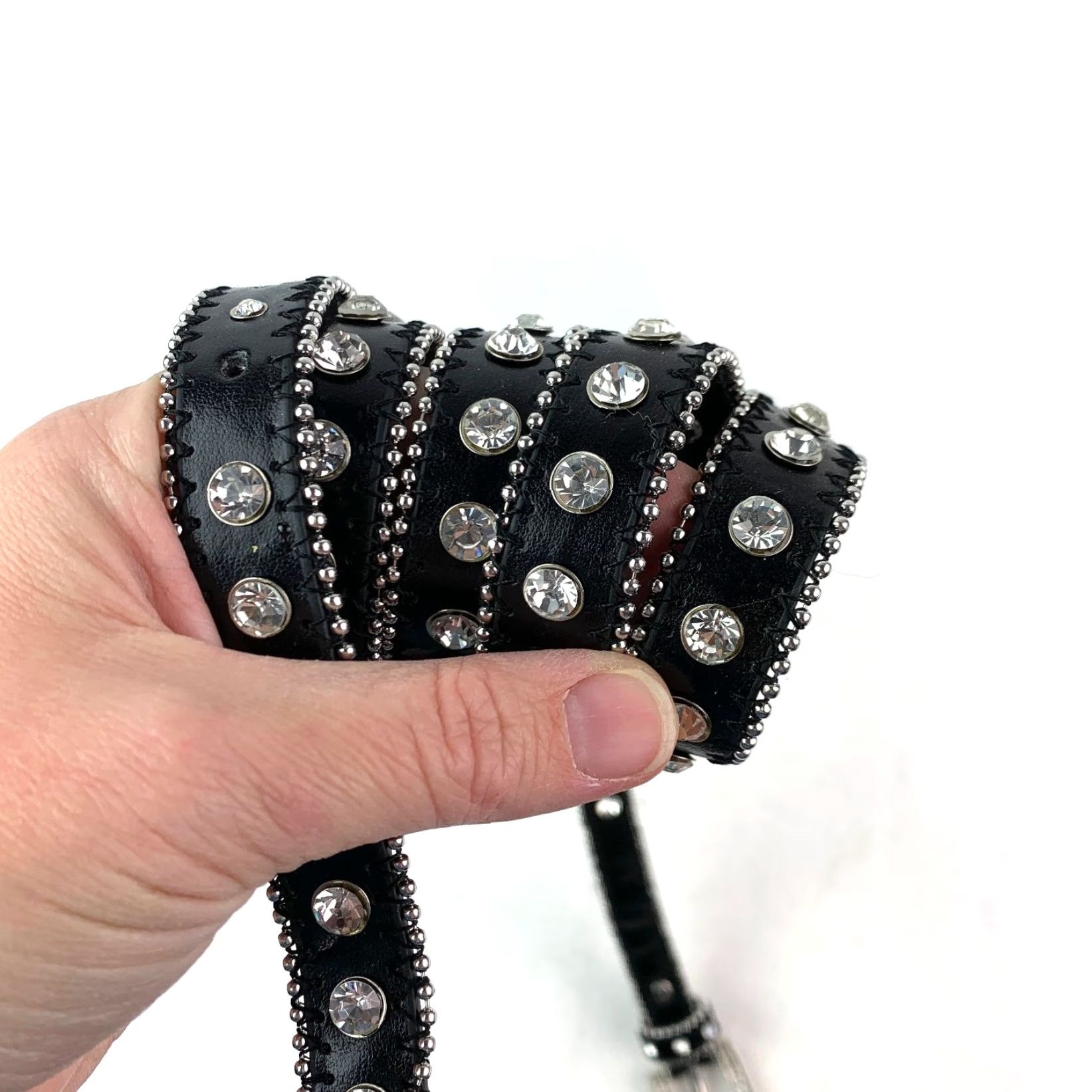 Vintage VINTAGE Women's Black XL Goth Moto Leather Belt with Rhinestone Studded Buckle 46" Belt Mens Womens XL Black Rhinestone Buckle Leather Belt Size ONE SIZE - 2 Thumbnail