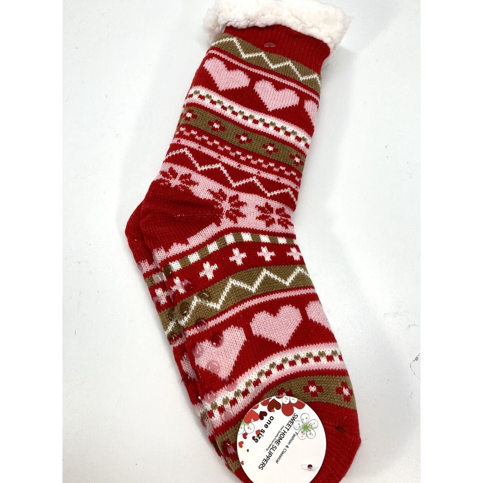 Vintage Sweet Home Slippers Socks Women Slipper One Size Fleece Lining Heart Snow NWT Red White Christmas Holiday Winter Cushioned Non-Slip Mid Calf Socks Size ONE SIZE - 7 Thumbnail
