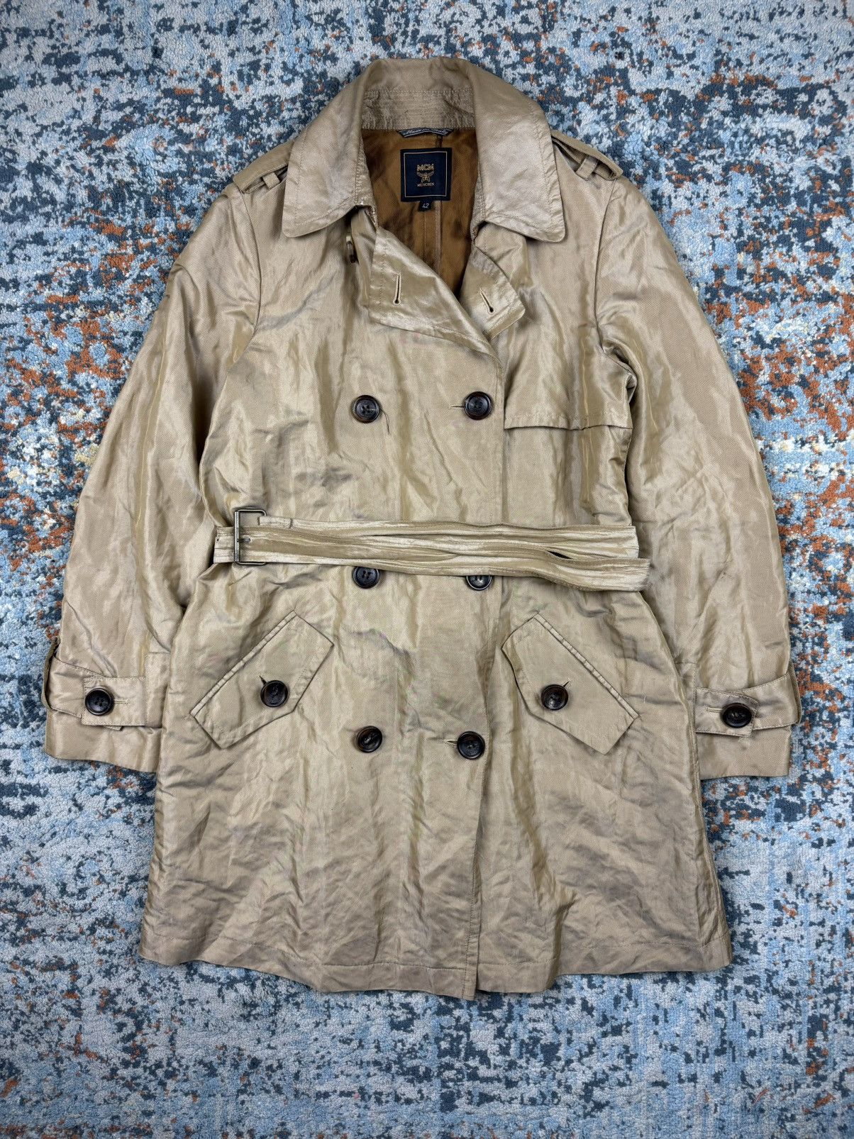 Designer × MCM × Vintage Vintage 90s MCM metal fiber long trench coat with belt Size S / US 4 / IT 40 - 1 Thumbnail