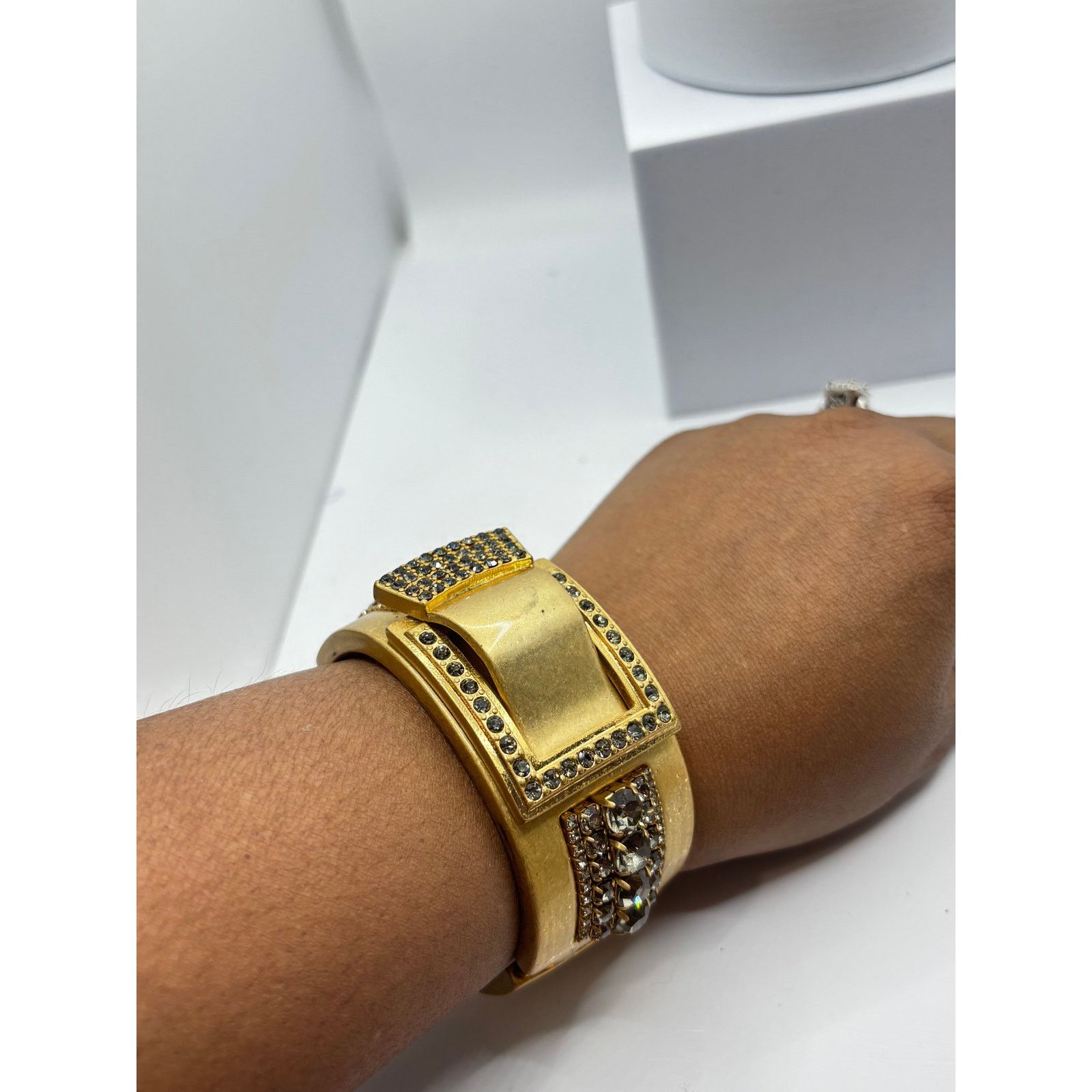 Homemade Brushed Gold Smokey Crystal Bow Hinged Clamper Bracelet 6" Size ONE SIZE - 7 Thumbnail