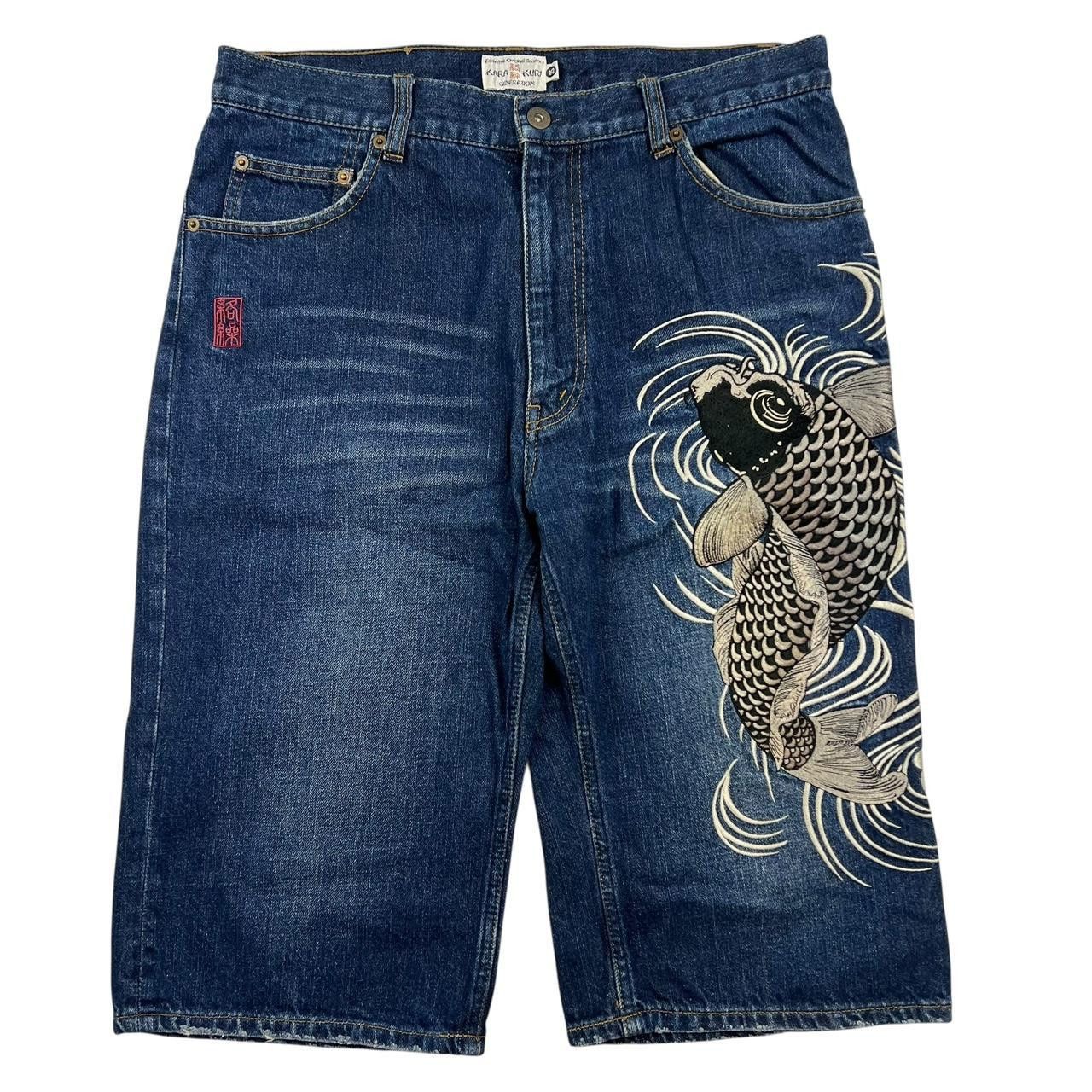 Karakuri Tamashii Karakuri Tamashii Embroidered Koi Fish Denim Shorts Waist 34 Size US 34 / EU 50 - 1 Thumbnail
