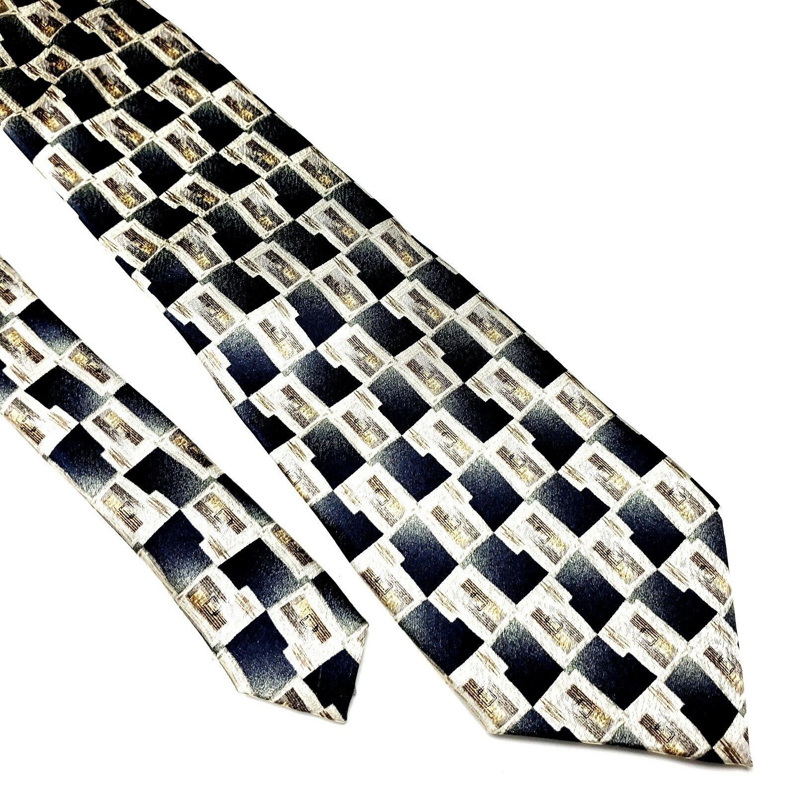 Pierre Cardin Pierre Cardin Silk Tie Print Gray Tan Geometric Wide Size ONE SIZE - 1 Thumbnail