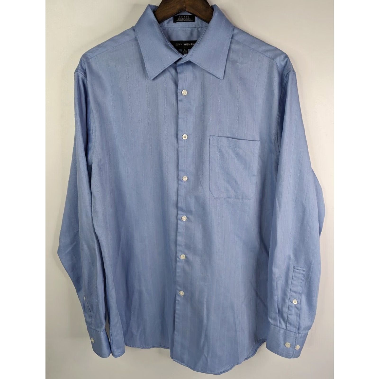 Vintage John Henry Mens Dress Shirt L Blue Pinstripe Long Sleeve 16.5 (34/35) Button-Front Shirt with One Chest Pocket Size 42R - 2 Thumbnail