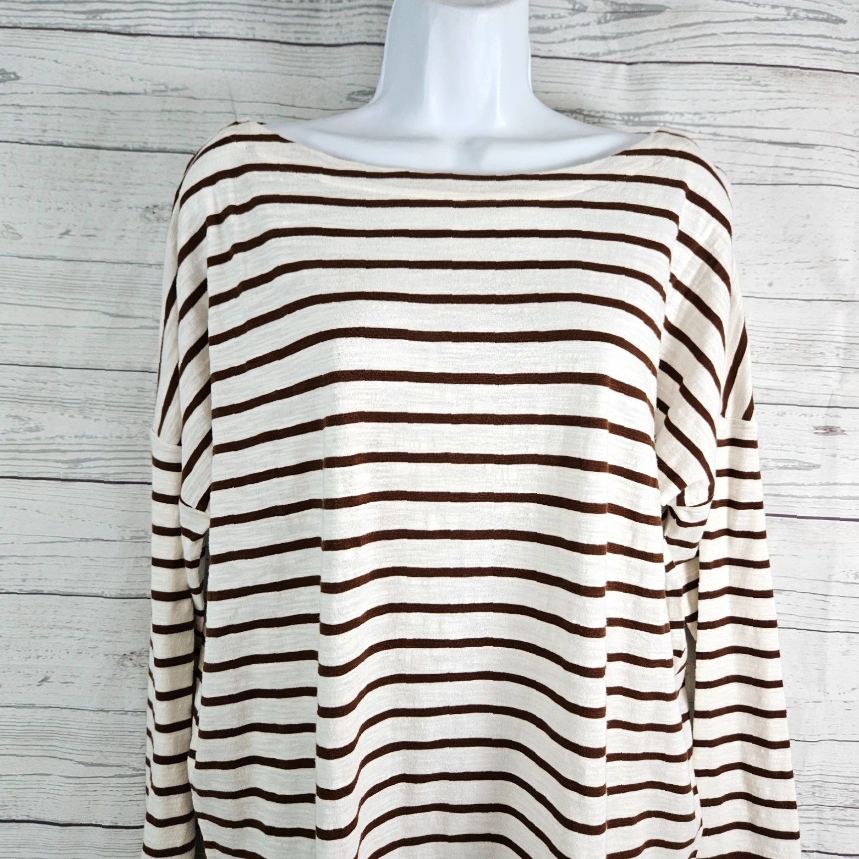 J. Jill Blouse Shirt Womens Large L Striped Cotton Nutmeg Cream Long Sleeve Buttonless Pullover Historical Style: Basic New with Tags