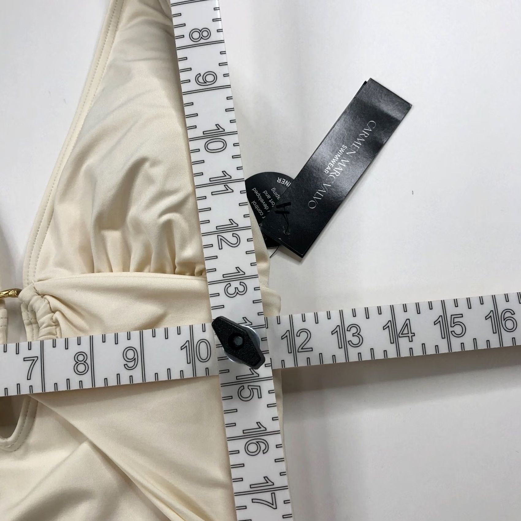 Vintage Carmen Marc Valvo One Piece Swimsuit Ivory Nylon Spandex 14 Adult Women Retro Wide Straps Removable Pads Shirred Smoothing Liner Solid Pattern Denim? Size ONE SIZE - 6 Thumbnail