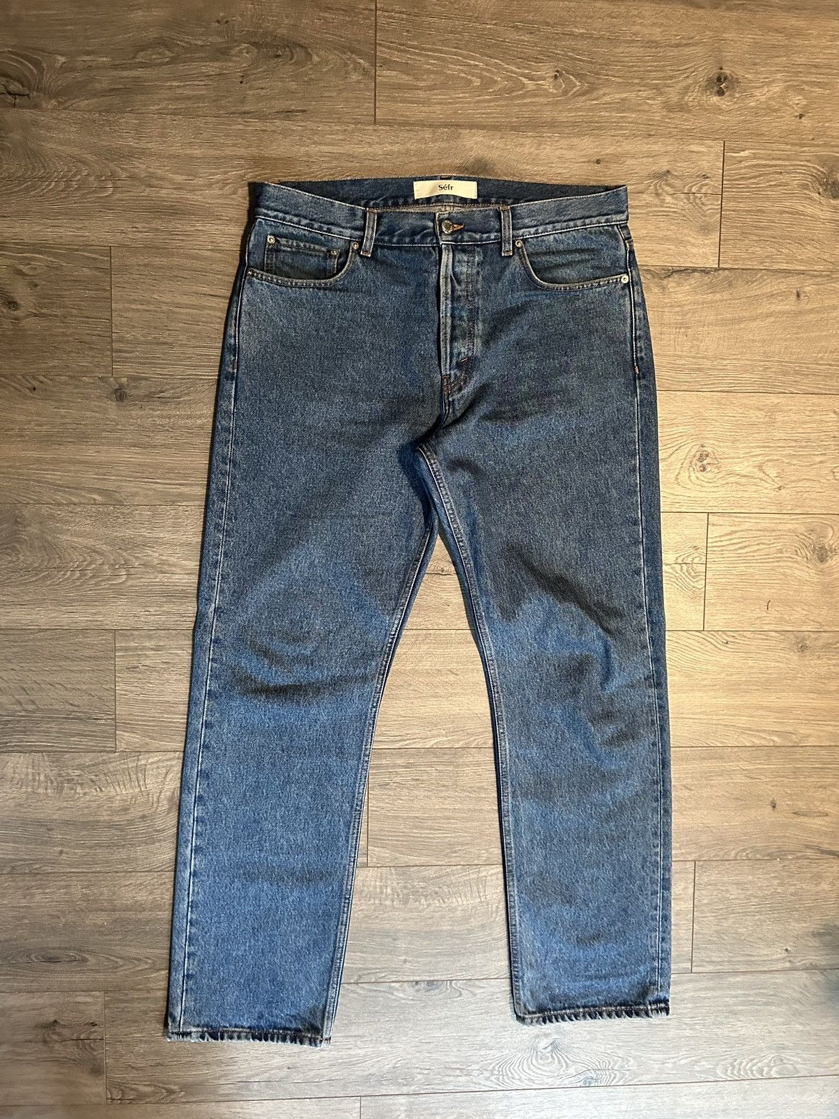 image of Sefr Straight Leg Denim Jeans in Blue, Men's (Size 34)