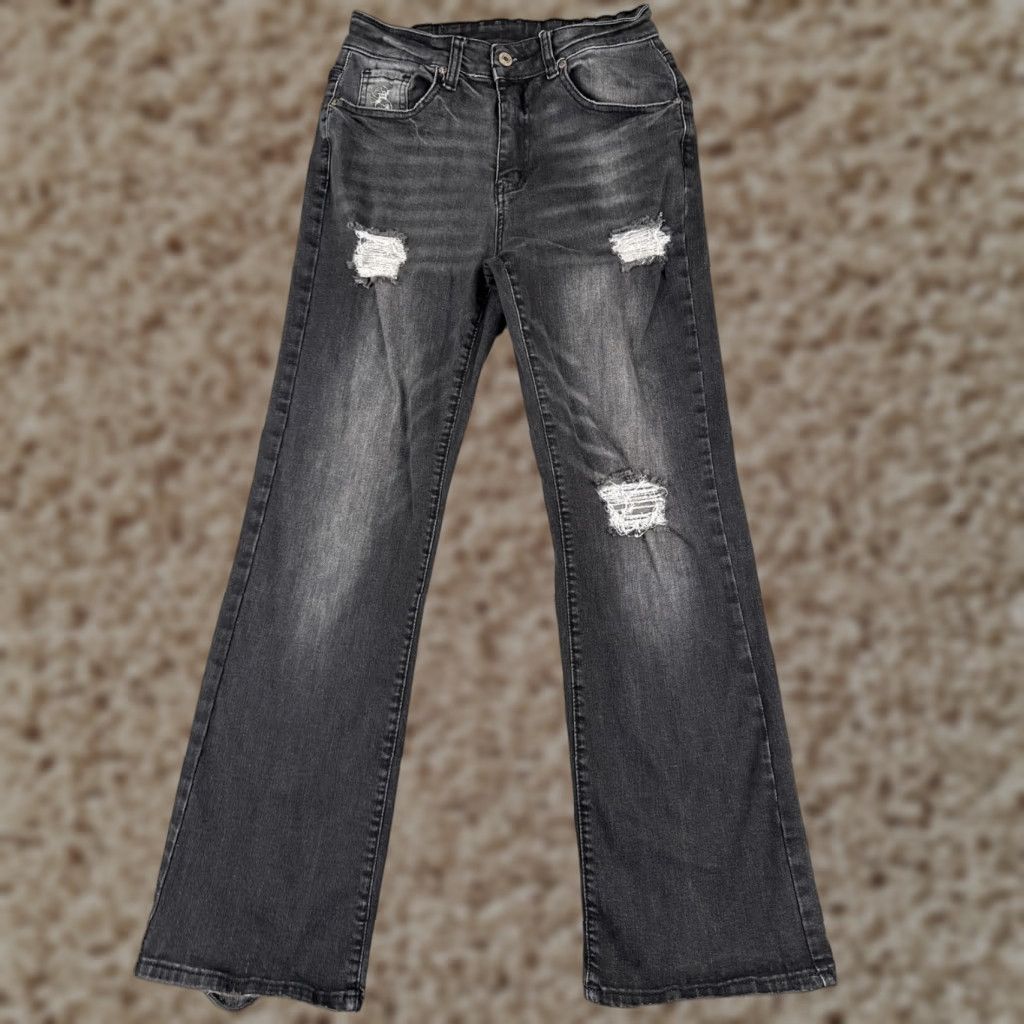 Vintage Women Jeans 26 Black Denim Flared Distressed Mid Rise Cotton Blend 26x29 Size 26" / US 2 / IT 38 - 1 Thumbnail