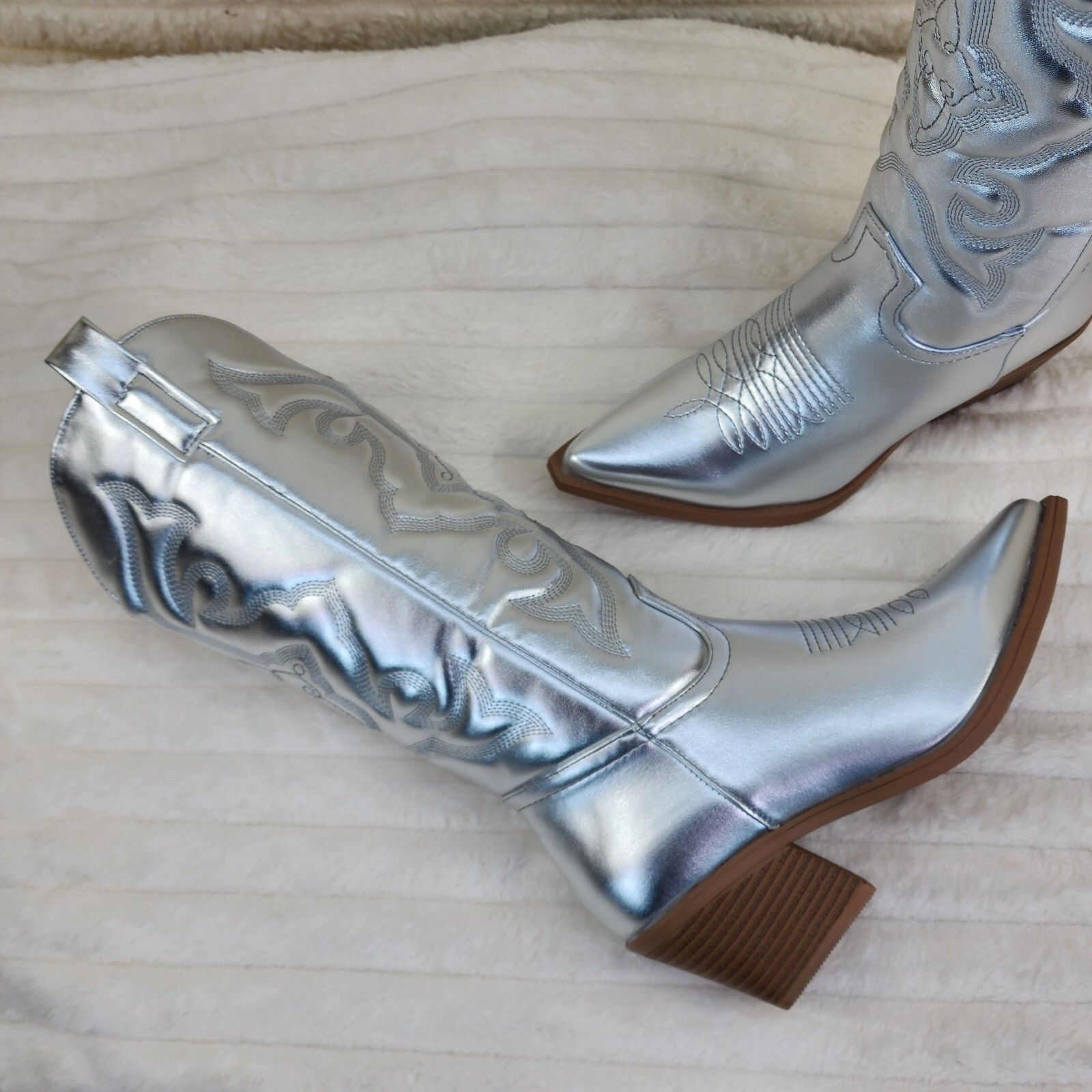 Other Disco Cowgirl Metallic Silver Cowboy Knee Boots Western Bloc Size US 6.5 / IT 36.5 - 6 Thumbnail