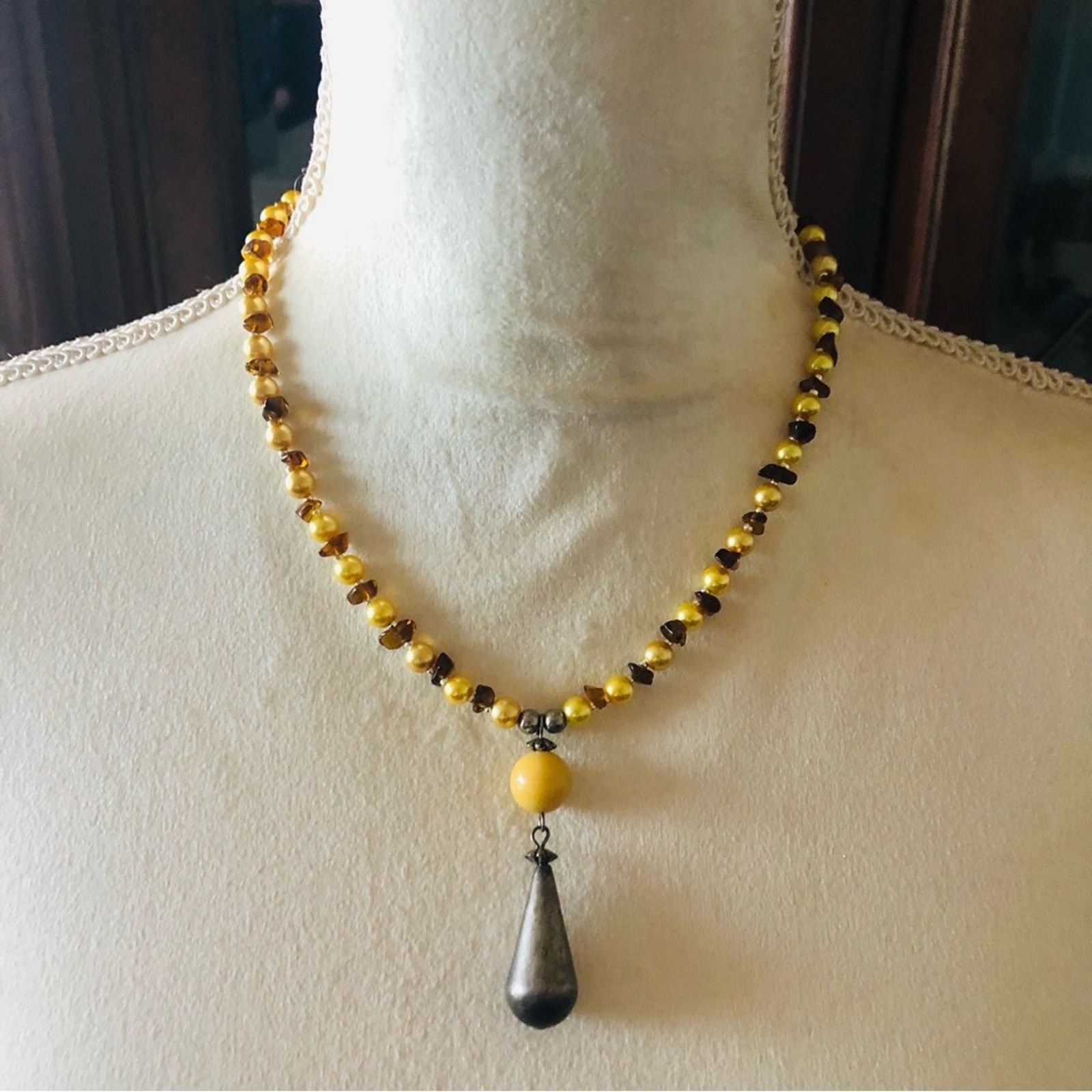 Handmade Handcrafted raindrop pendant Czech glass lynx stone necklace Size ONE SIZE - 2 Thumbnail