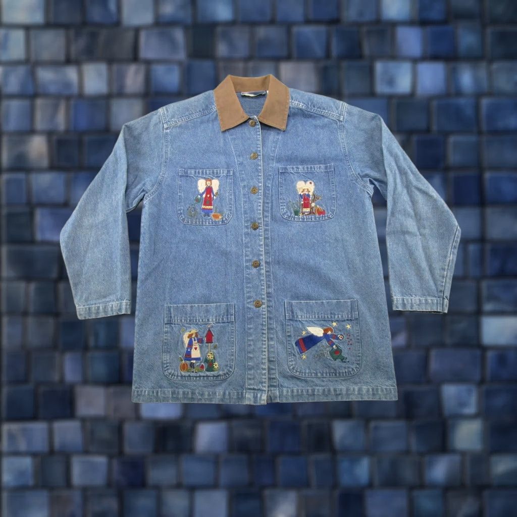 Vintage Christopher & Banks Women's Jacket Denim Blue Embroidered Angels 90s M Denim Jacket Mid-Length Button Cotton Lining Pockets Collared Regular Womens Size 32" / US 10 / IT 46 - 1 Thumbnail