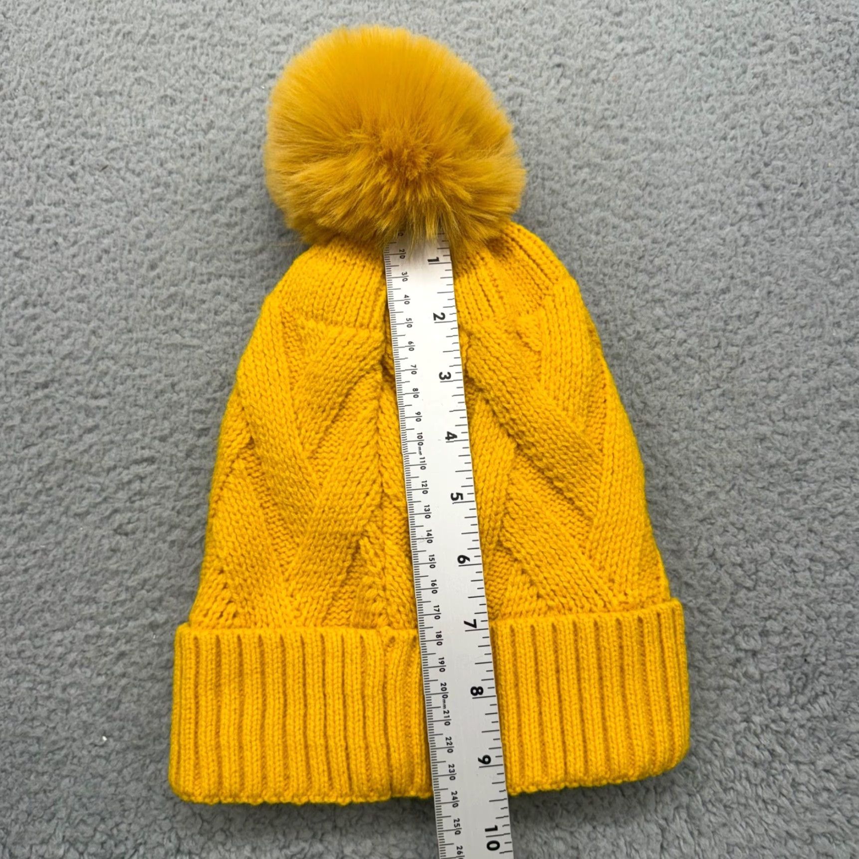 LT H501 Mustard Yellow Winter Cap Beanie Hat Unisex Adults One Size Lined Pom Pom Cable Knit Fur Logo Accents Ski Theme Casual Mens Womens Boys Girls