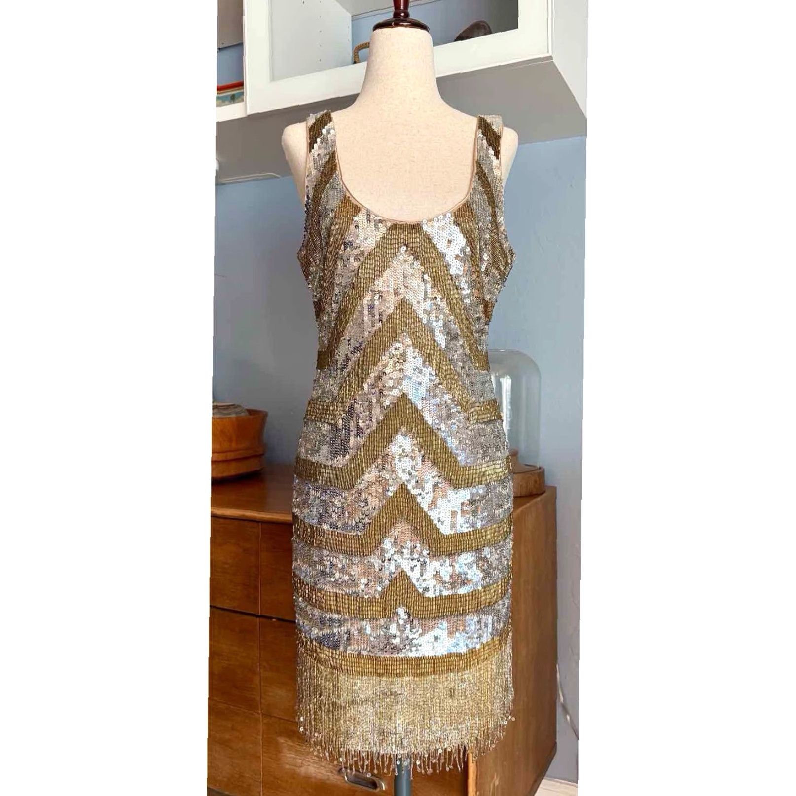 Bebe VINTAGE Bebe Uptown Silver Gold Beaded Sequins Tank Dress Fringe Hem Cocktail Sz M Size M / US 6-8 / IT 42-44 - 2 Thumbnail