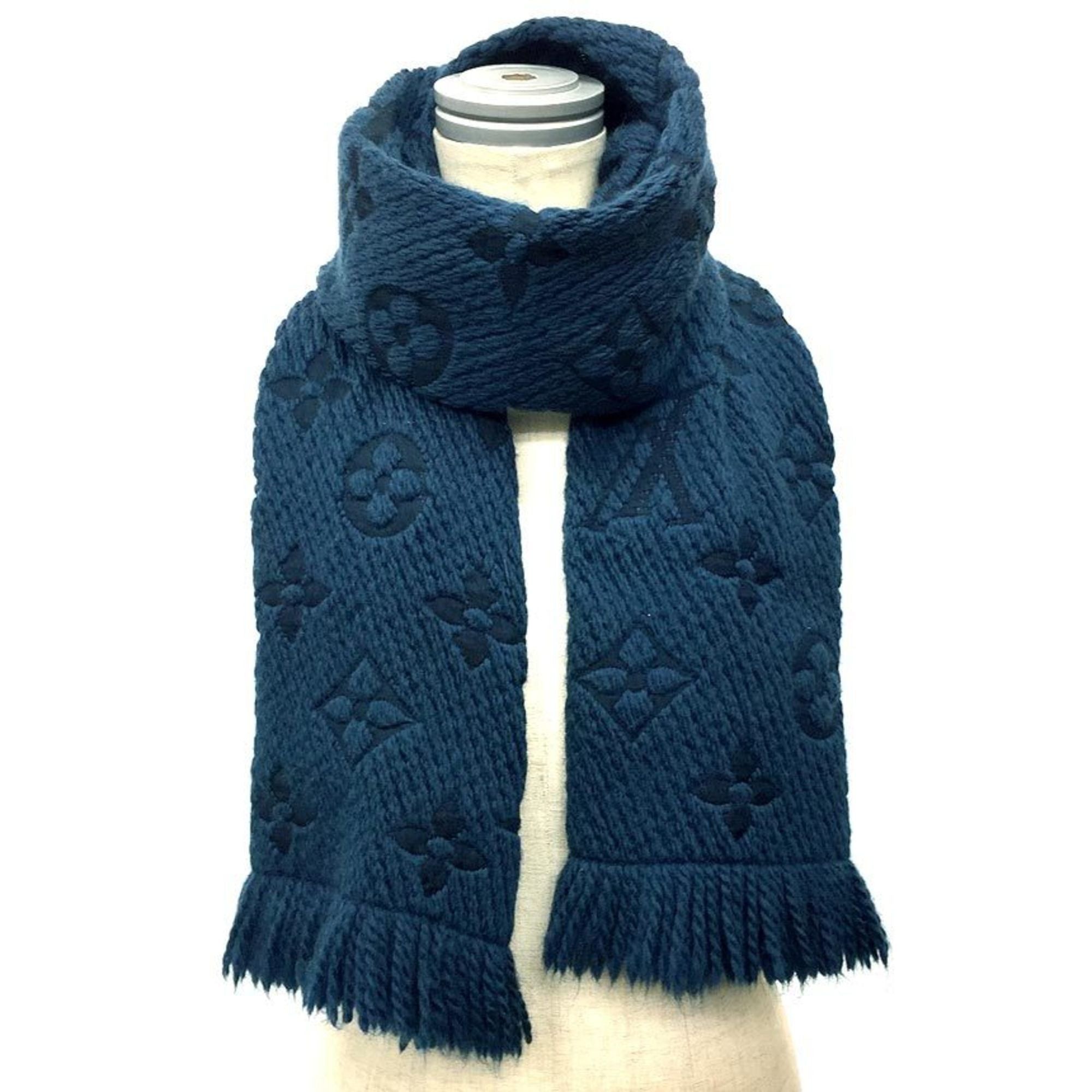 image of Louis Vuitton Monogram Muffler Escharp Mania M75504 Navy Wool X Silk Vuitton Men And Women Aq9382 i