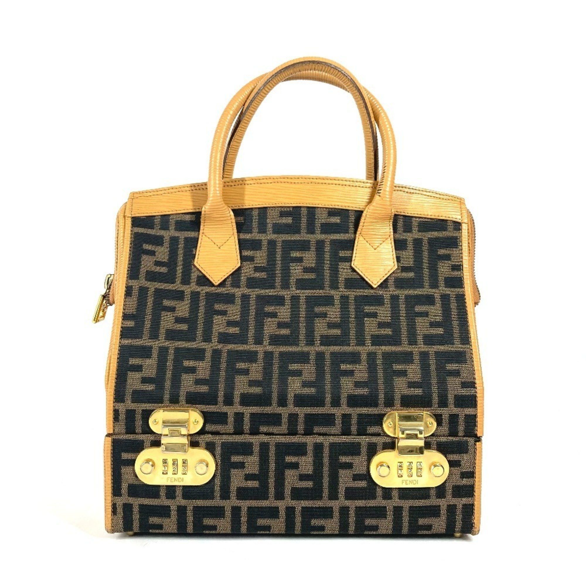 Fendi Vintage Zucca Logo Box Bag Handbag Canvas Leather Women's Brown