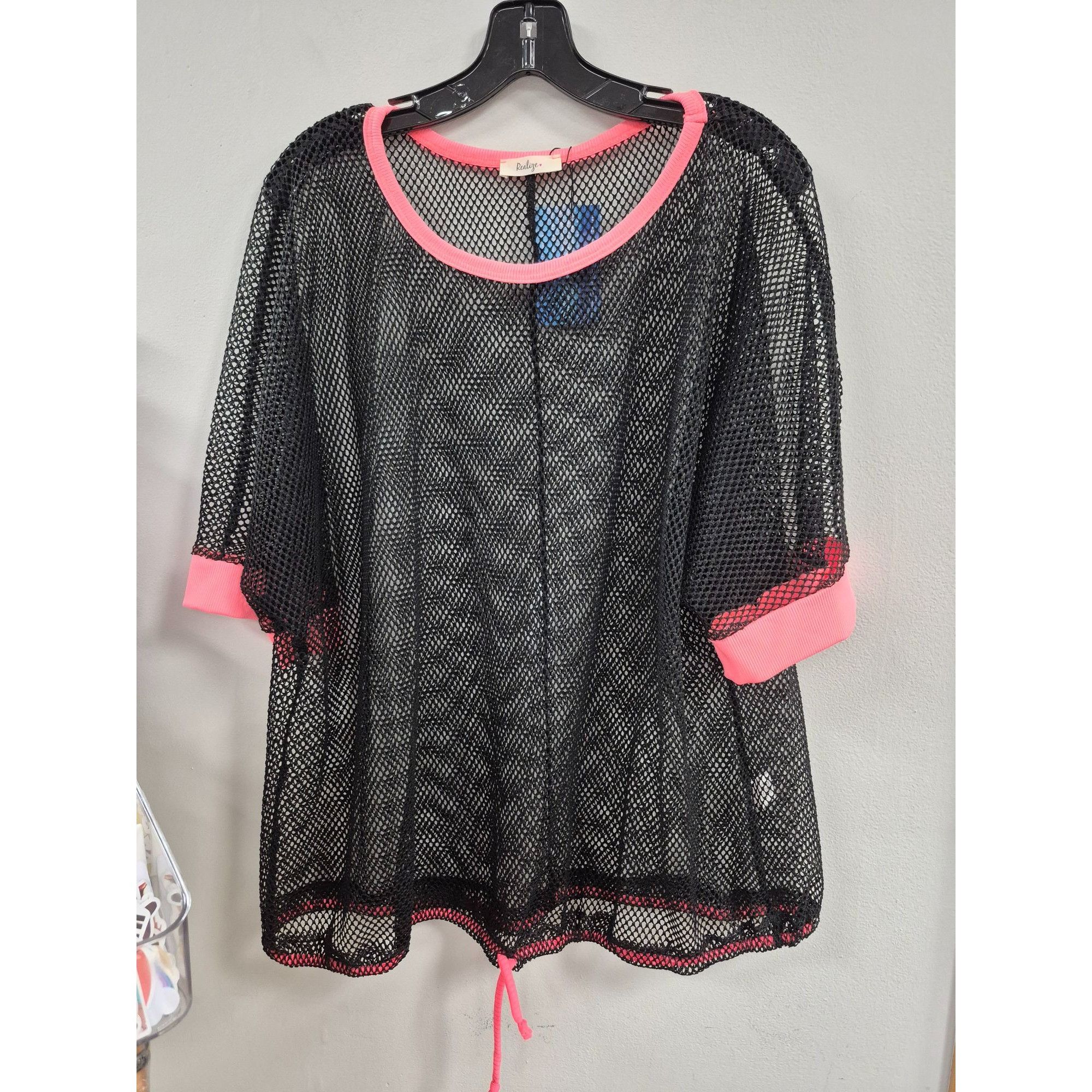 Other Black Mesh Oversized Top With Pink Trim & Drawstring Hem By Size XL / US 12-14 / IT 48-50 - 1 Thumbnail