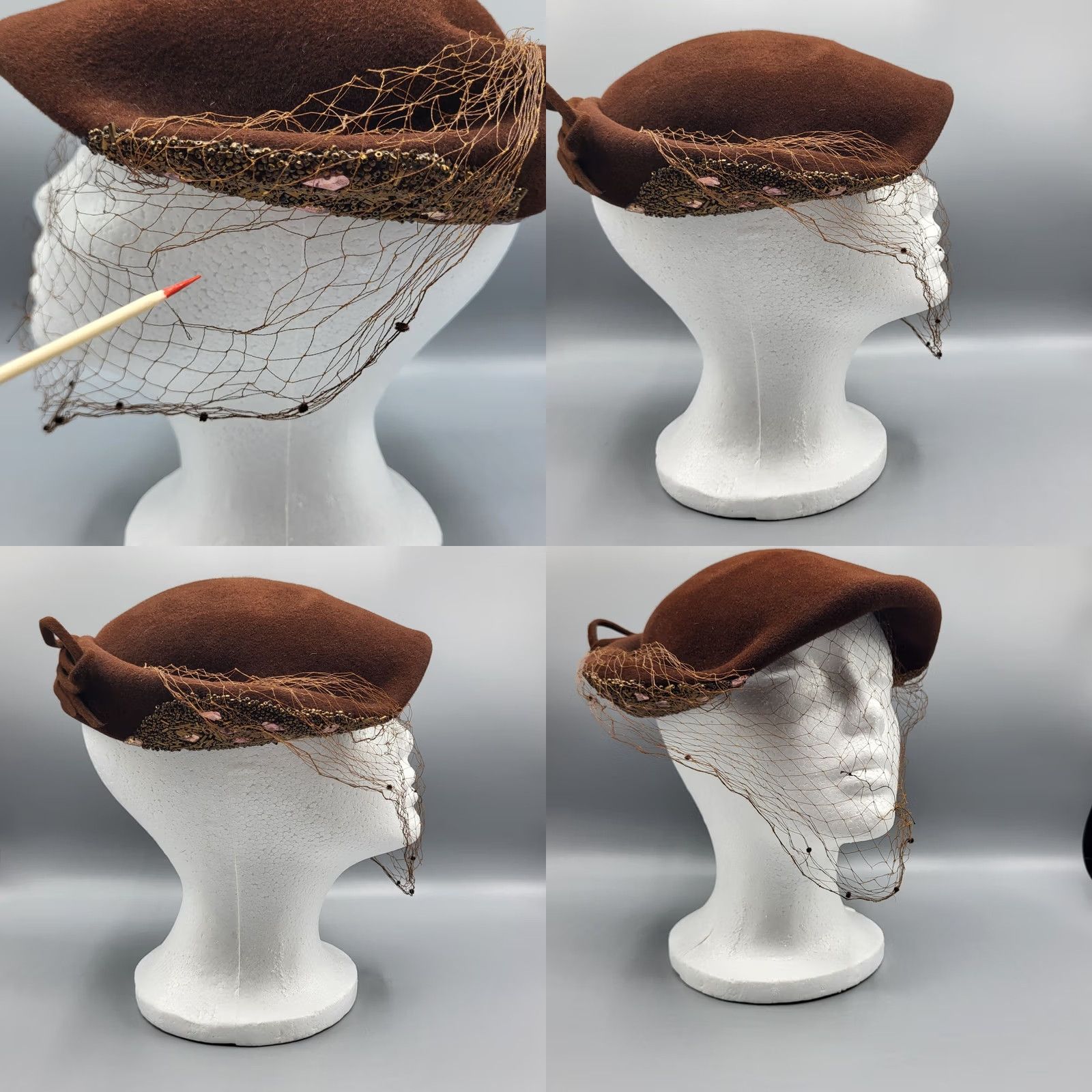 FELT VINTAGE Ladies Brown Beaded Felt Velour Hat With Netting Bow, 1950s, Original, Unbranded, Womens Size ONE SIZE - 8 Thumbnail