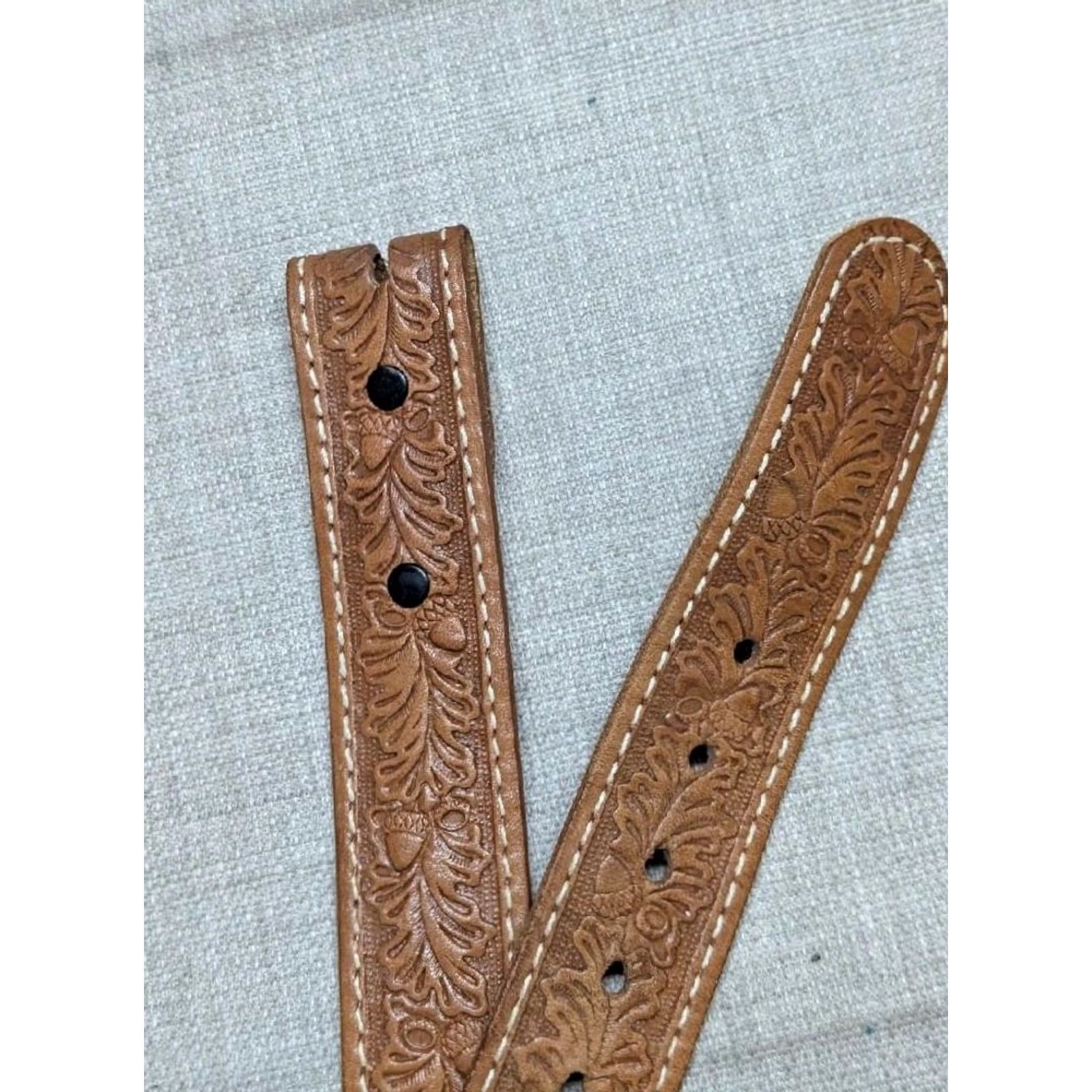 Vintage VINTAGE western belt Tooled 36 brown cowhide leather handcrafted belt Mens Size 36 - 3 Thumbnail