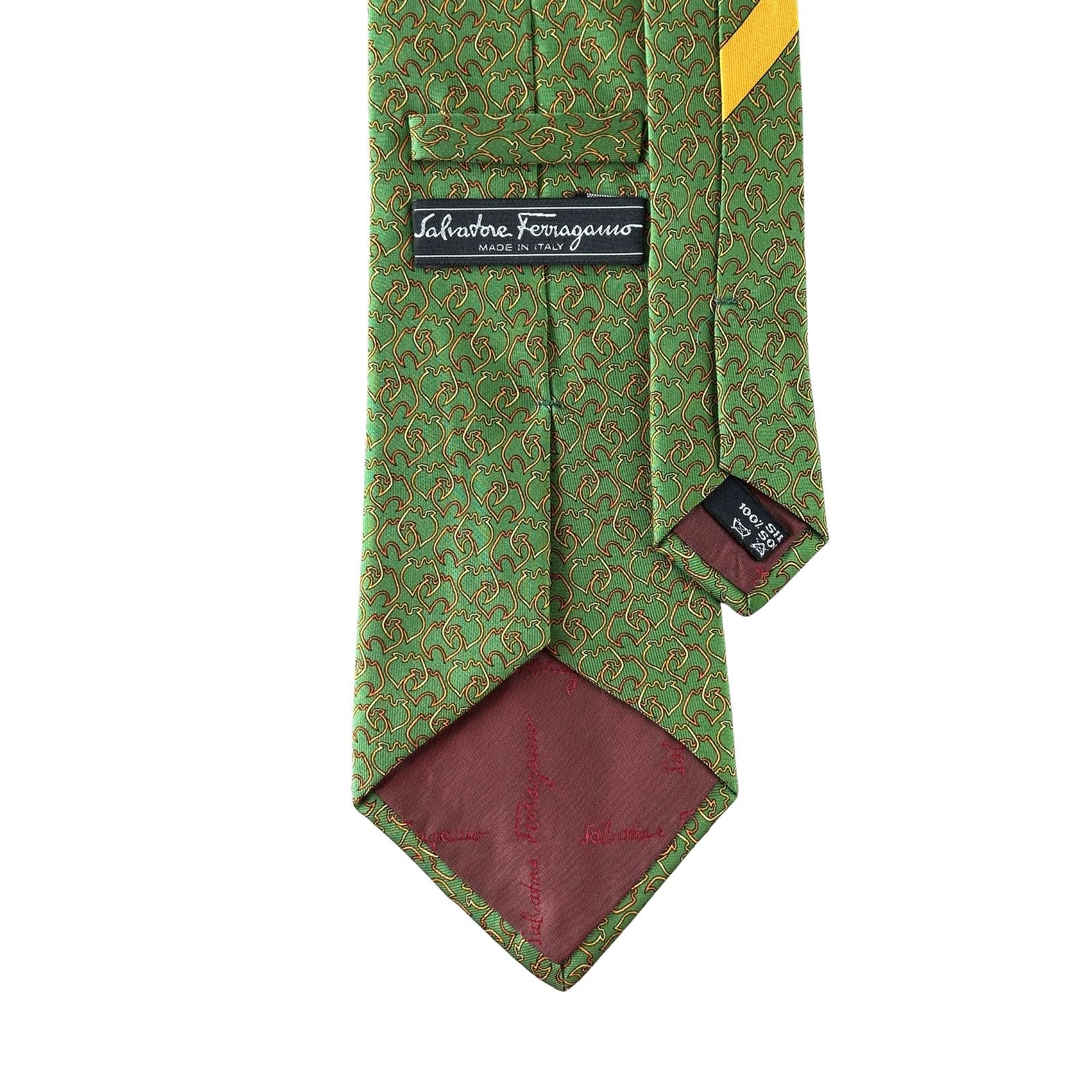 Salvatore Ferragamo Tie Silk Green with Gold Geometric Pattern Size ONE SIZE - 2 Thumbnail