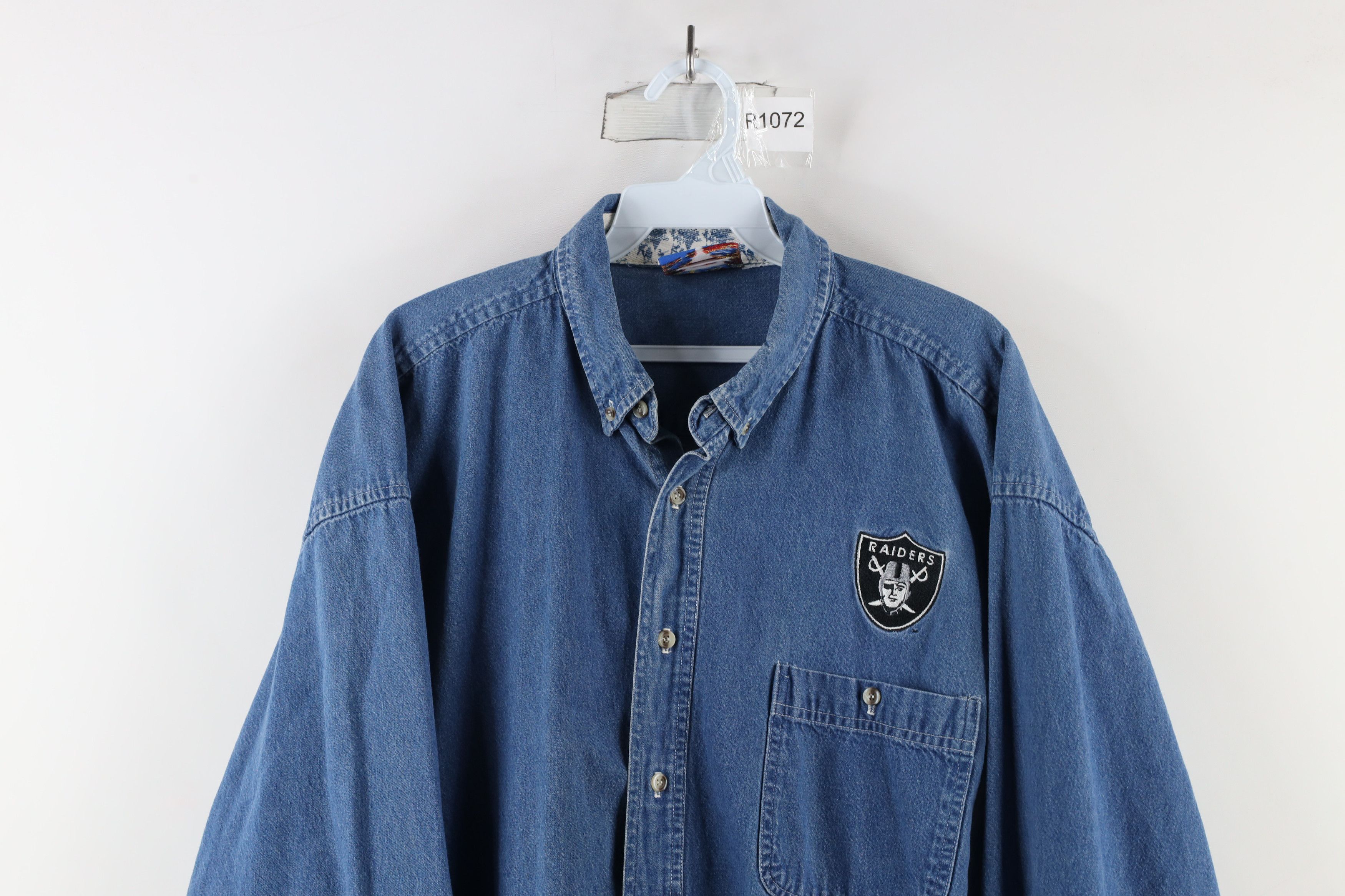 Vintage Vintage 90s Oakland Raiders Football Denim Button Down Shirt Size US XL / EU 56 / 4 - 2 Thumbnail