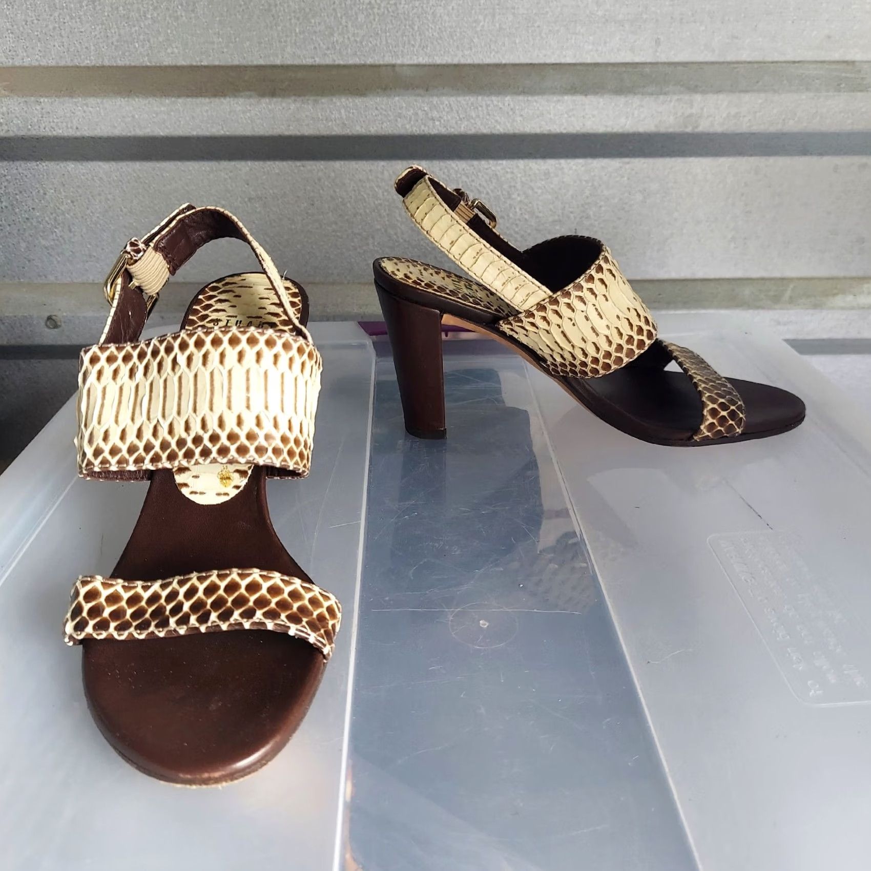 Stuart Weitzman Stuart Weitzman Snake Print Leather Chunky Heels Sandals Size 5.5 M Women Leather Slingback Beige Brown, Straps, High Heel, Vintage No Size US 6 / IT 36 - 2 Thumbnail