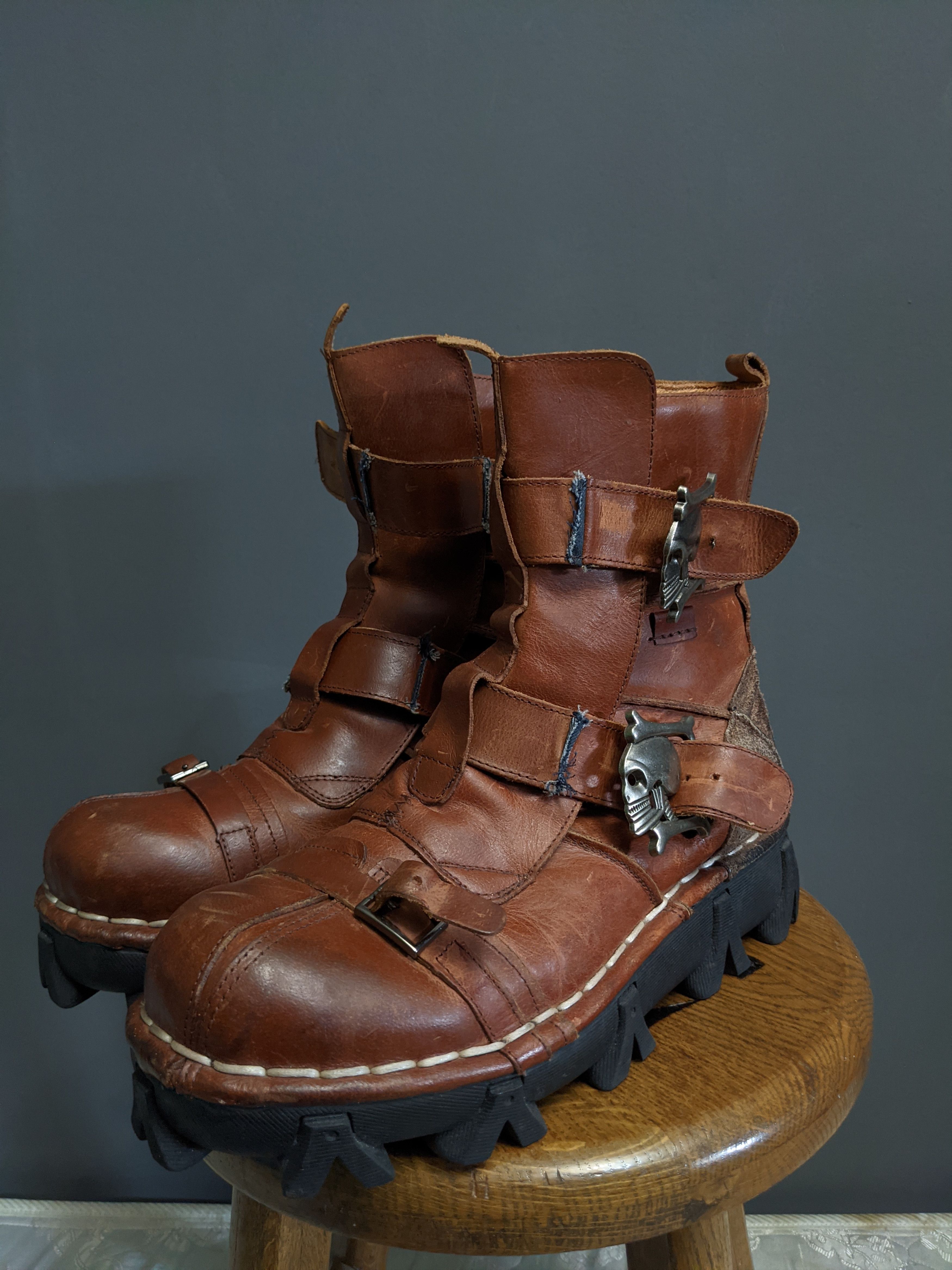 Boseton Brown Leather skull bones motorcycle boots