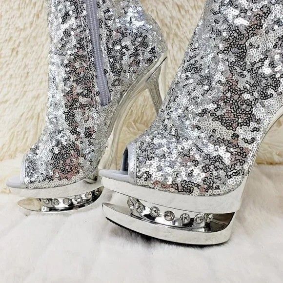 Other Blondie 3011 Silver Sequin Slouchy High Heel Platform Thigh Size US 11 / IT 41 - 2 Thumbnail