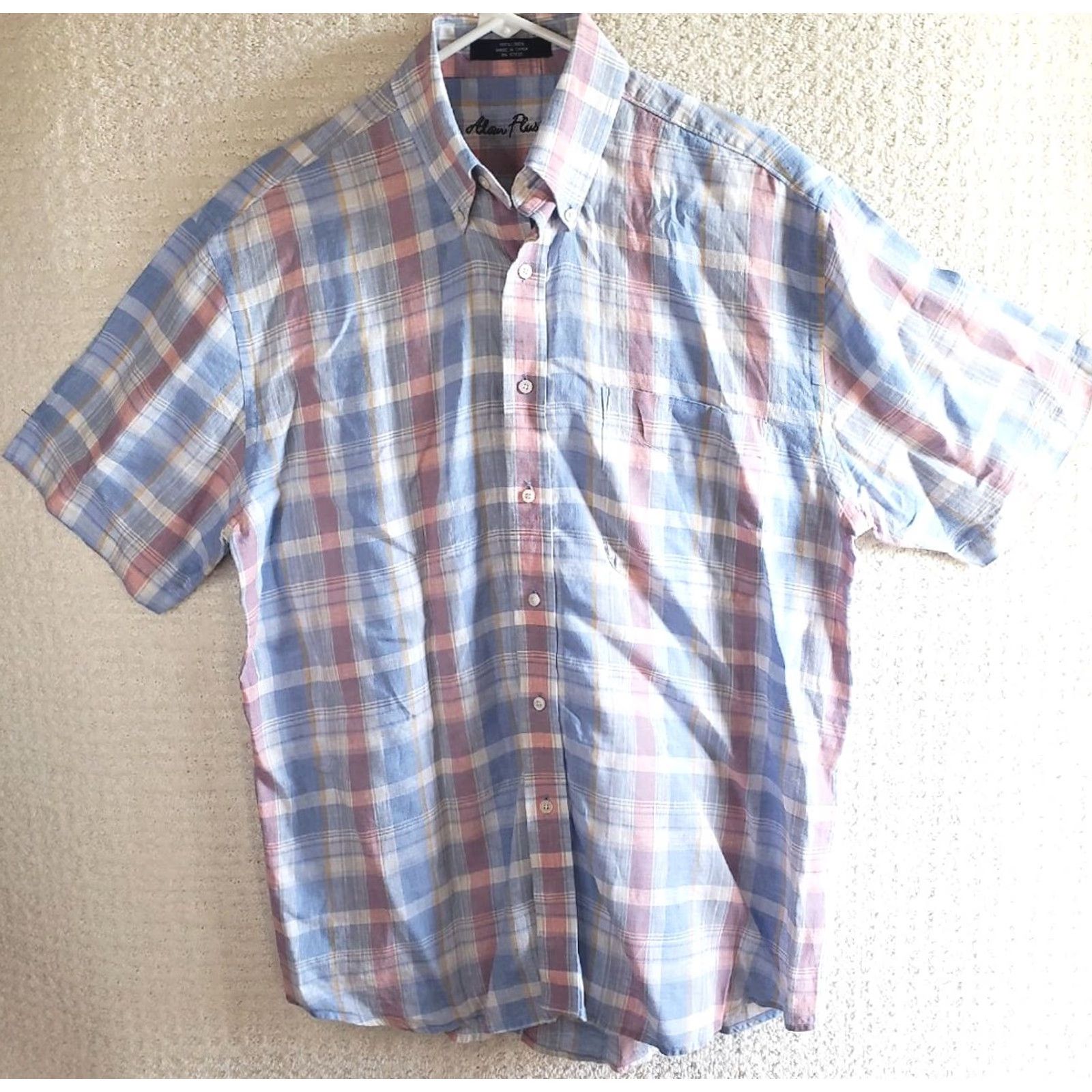 Vintage VINTAGE Alan Flusser 100% Linen Shirt Mens M Blue-Pink Plaid Short Sleeve Button Up Size US M / EU 48-50 / 2 - 2 Thumbnail