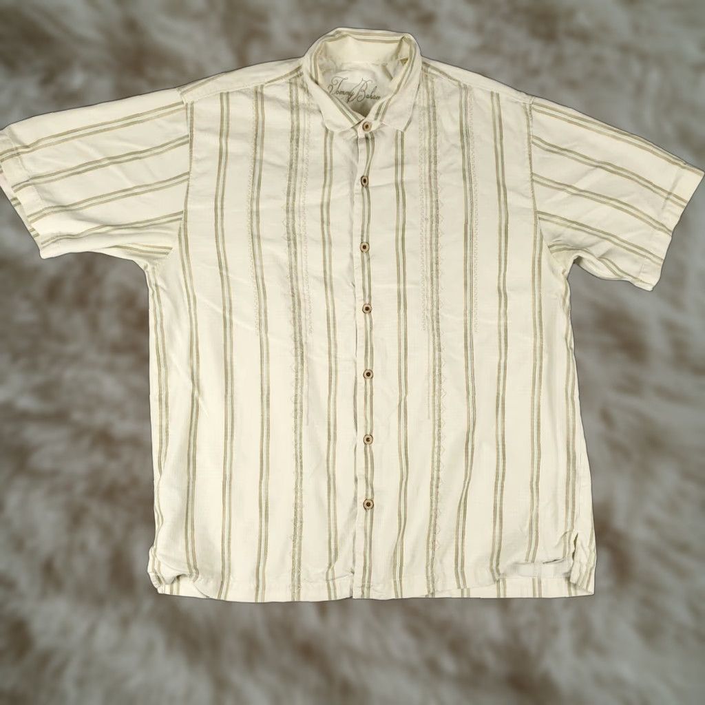 Tommy Bahama VINTAGE Tommy Bahama Shirt Mens Large Beige Striped Hawaiian Button Up Short Sleeve Size US L / EU 52-54 / 3 - 1 Thumbnail