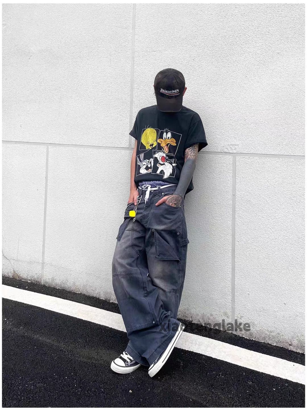 Designer Unisex washed faded loose baggy hiphop carpenter pants Size US 33 - 3 Thumbnail