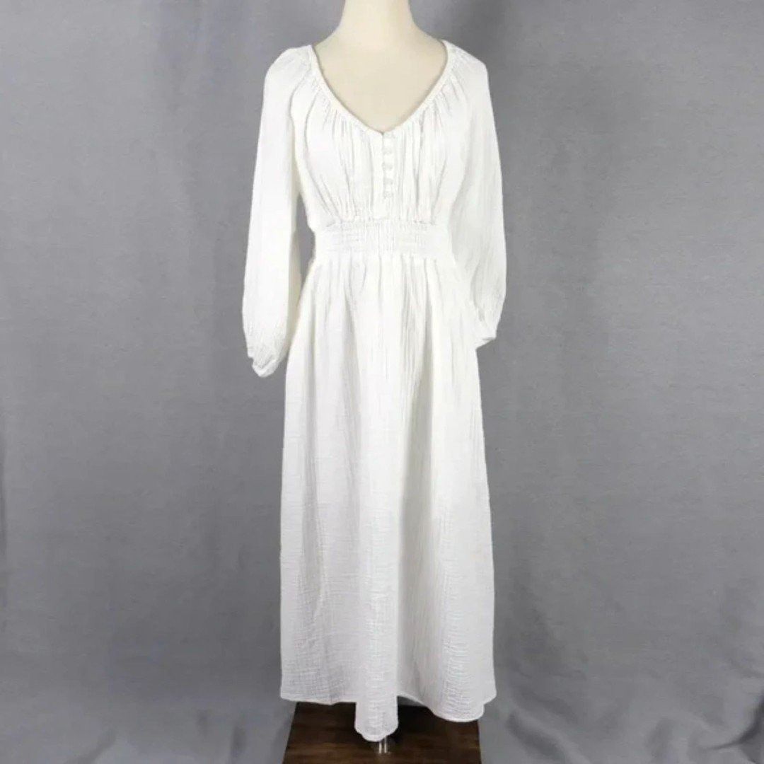 J.Crew J.Crew Boho Gauzy Muslin V-Neck Smocked Midi Dress White Sz Size XS / US 0-2 / IT 36-38 - 3 Thumbnail