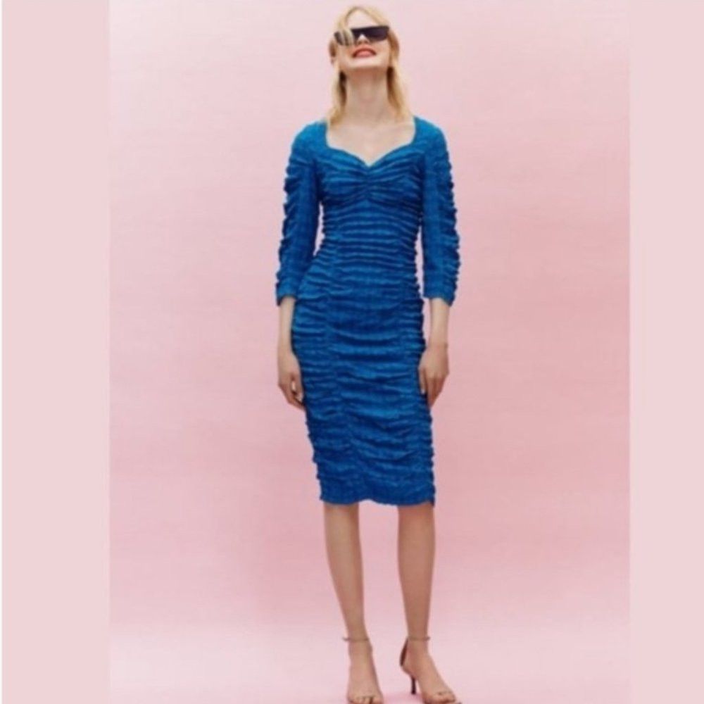 Zara NWT Zara Textured Blue Anne Dress Stretch Fitted Long Sleev Size L / US 10 / IT 46 - 3 Thumbnail