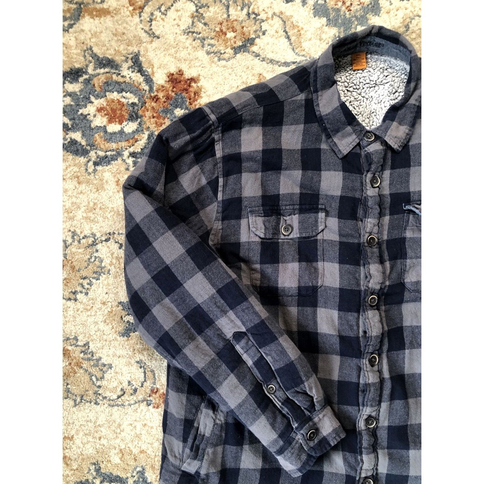 Vintage Tailor Vintage Shirt Jacket Mens 2XL Blue Gray Buffalo Plaid Flannel Sherpa Long Buttoned Lined Cotton Wool Size US XXL / EU 58 / 5 - 3 Thumbnail
