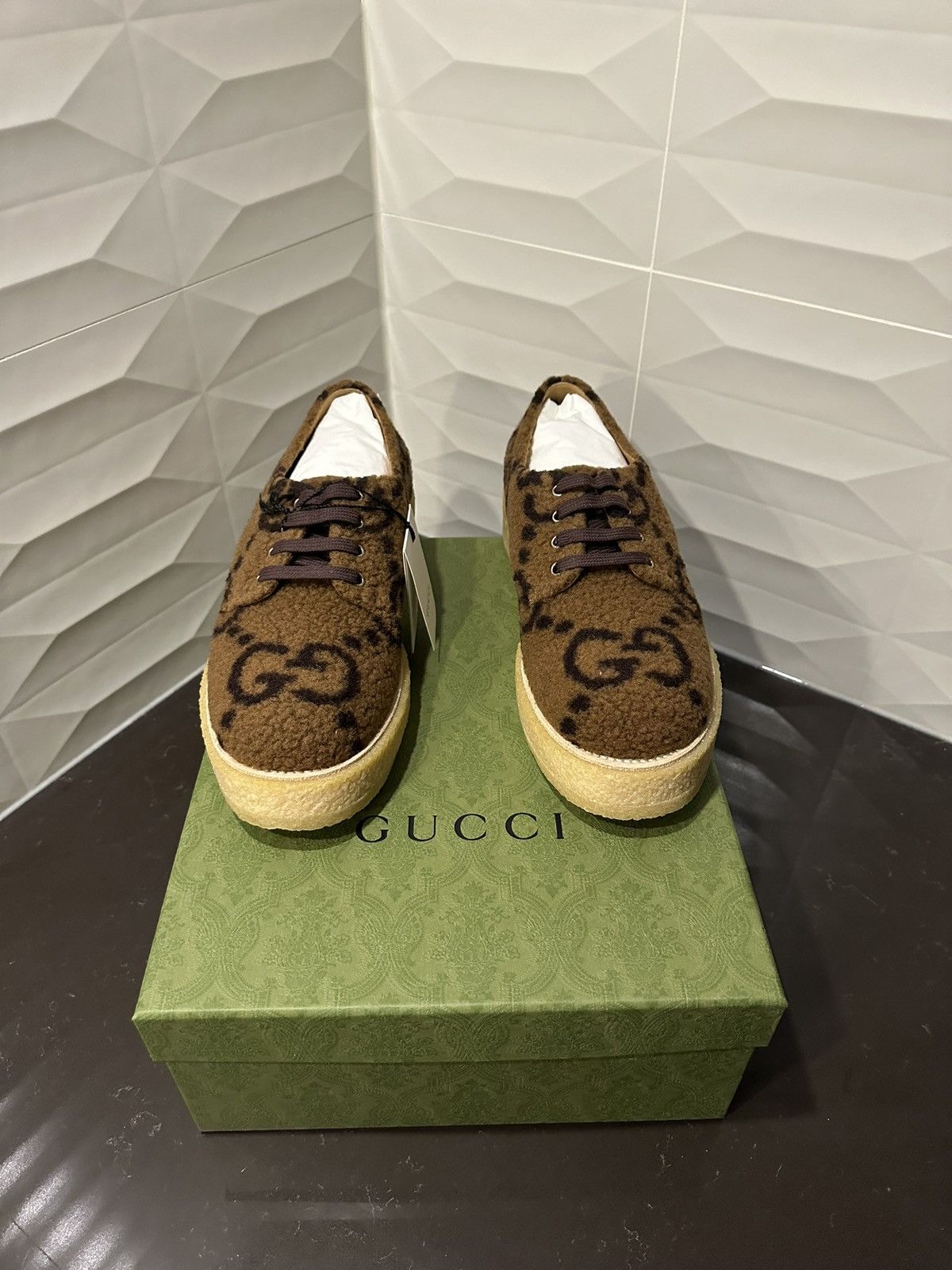 Gucci GUCCI WOOL LEATHER SNEAKER HOPPER GG CAMEL EBONY Size US 10 / EU 43 - 10 Thumbnail