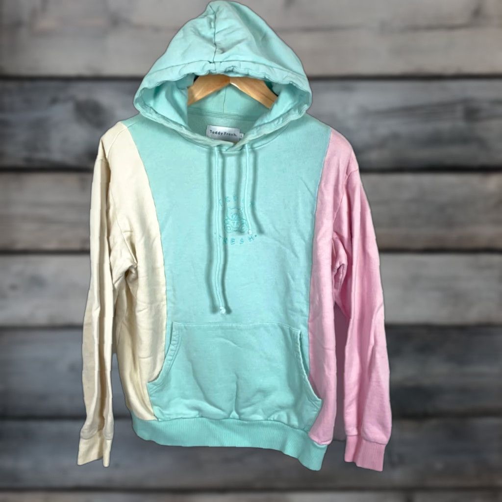 Teddy Fresh Hoodie Men's Large Pastel Green Colorblock 100% Cotton Sweatshirt