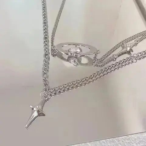 Jewelry Double Layer Cross Heart Crystal Pendant Necklace Size ONE SIZE - 2 Thumbnail