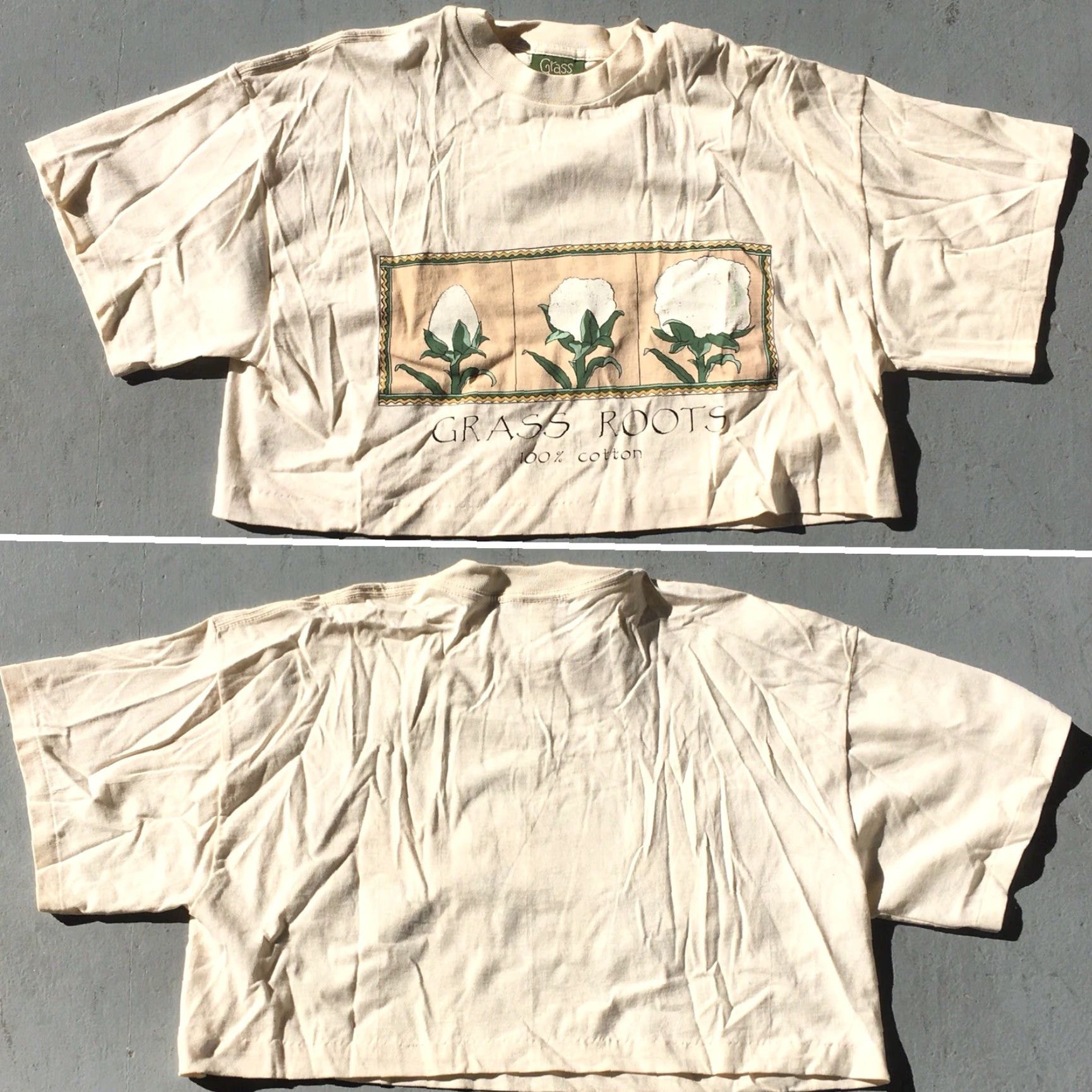 Vintage VTG Grass Roots Crop Top Graphic T Shirt One Size Made In USA Ivory Cotton Crew Neck Short Sleeve Women Shirt Size ONE SIZE - 3 Thumbnail