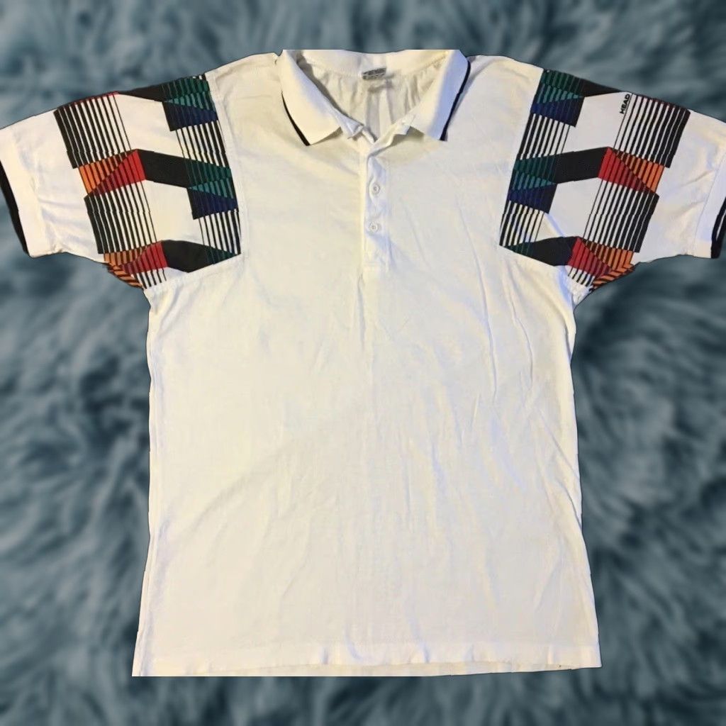 Vintage VINTAGE Polo Shirt 90s Abstract Art All Over Print White L Mens Short Sleeve Polo, Rugby Style, AS-IS, Vaporwave, Grunge, Surf, Skate, USA, 80s Theme Size US L / EU 52-54 / 3 - 1 Thumbnail