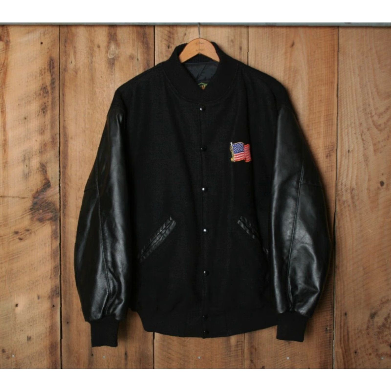 Vintage INTERSTATE Bomber Jacket Wool Blend Leather USA Flag Embroidered Sz M (Fits L) Mens Jacket Black Size US M / EU 48-50 / 2 - 2 Thumbnail