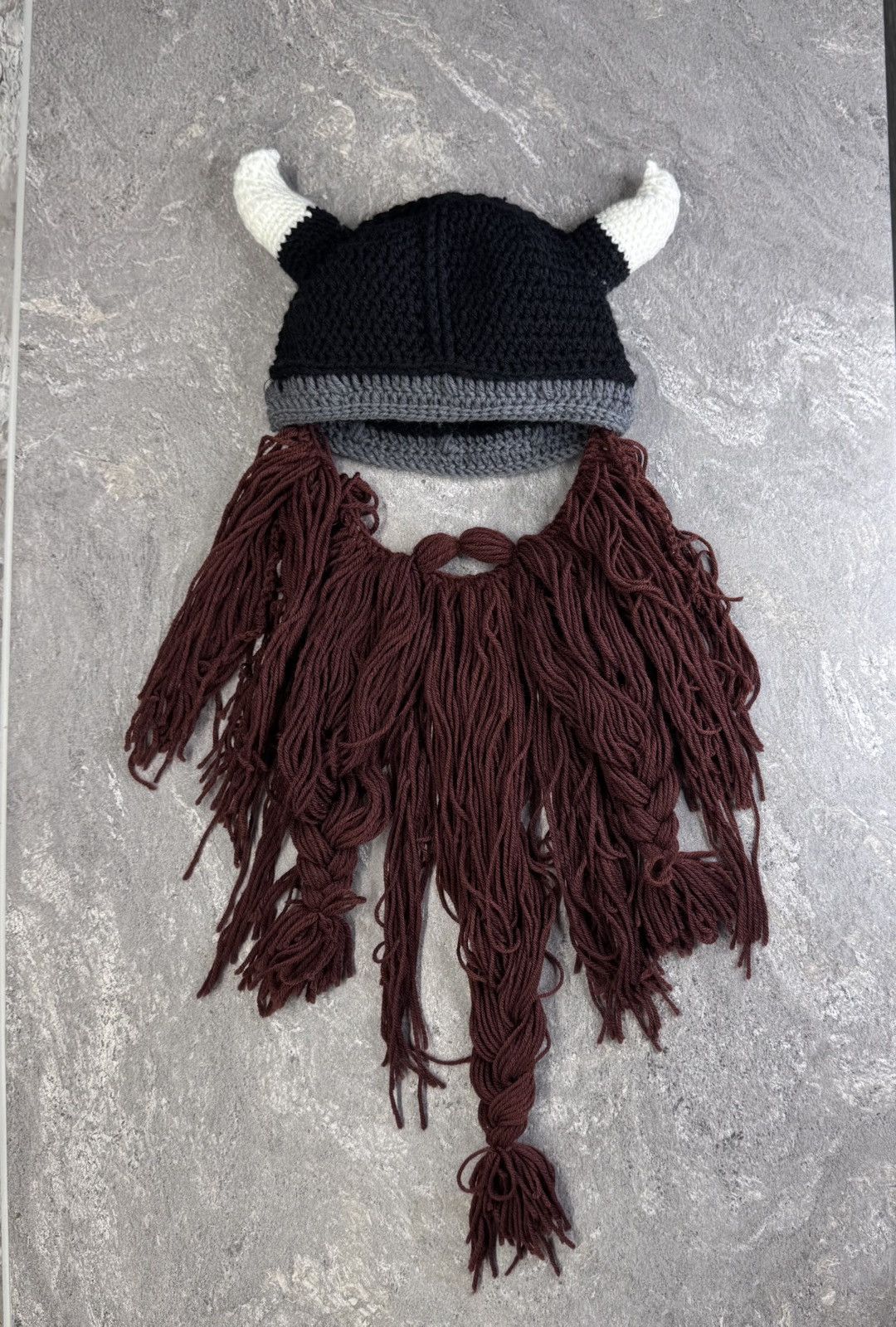Handmade Beard Knitted Hat with Horns Beard Hat avant garde y2k cap Size ONE SIZE - 1 Thumbnail
