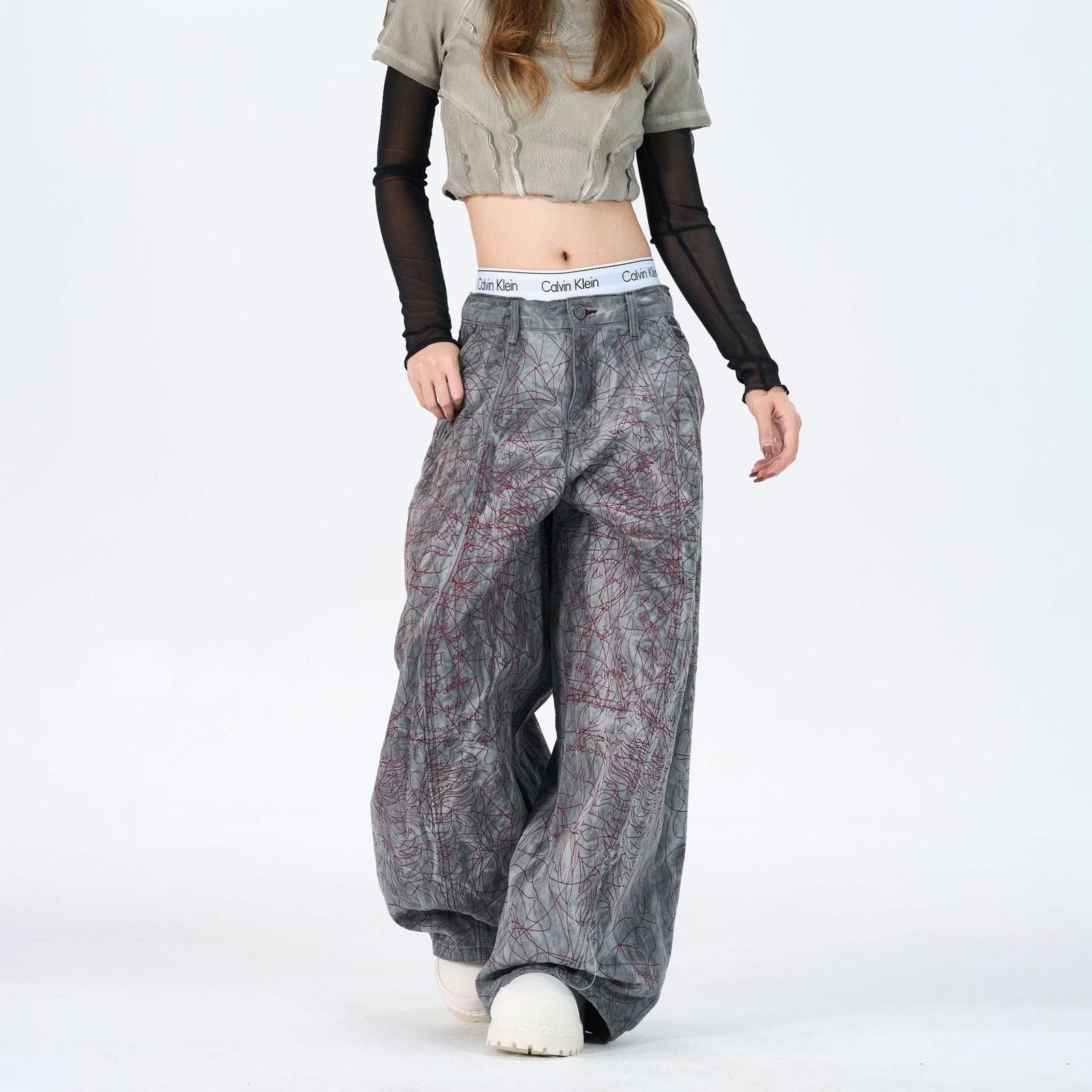 Gray Wide Leg Baggy Pants Artistic Pattern Trousers