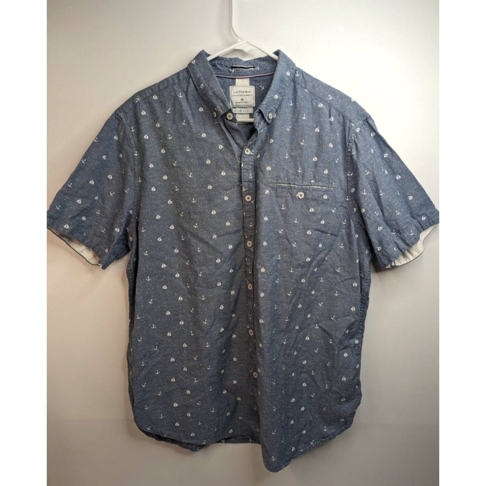 Vintage Cactus Shirt Slim Fit Men XL Short Sleeve Button Down Collared 100% Cotton Blue Logo Pockets Size US XL / EU 56 / 4 - 2 Thumbnail