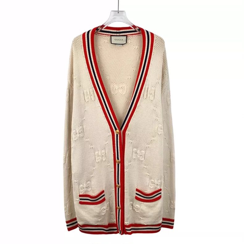 Gucci Gucci Beige striped logo jacquard hollow wool V-neck long-s Size M / US 6-8 / IT 42-44 - 1 Thumbnail